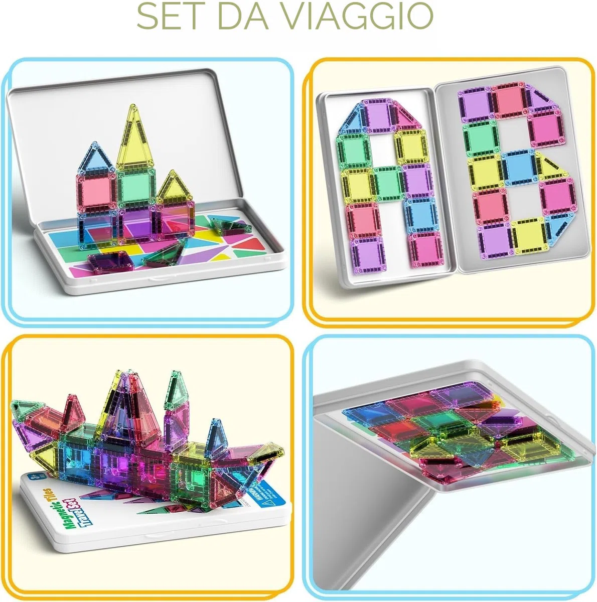 Set di 42 mattonelle magnetiche da viaggio per bambini, portatili, da viaggio, mini piastrelle magnetiche, giocattoli magnetici, scatola da costruzione montessori, giocattolo regalo per bambini di 3+