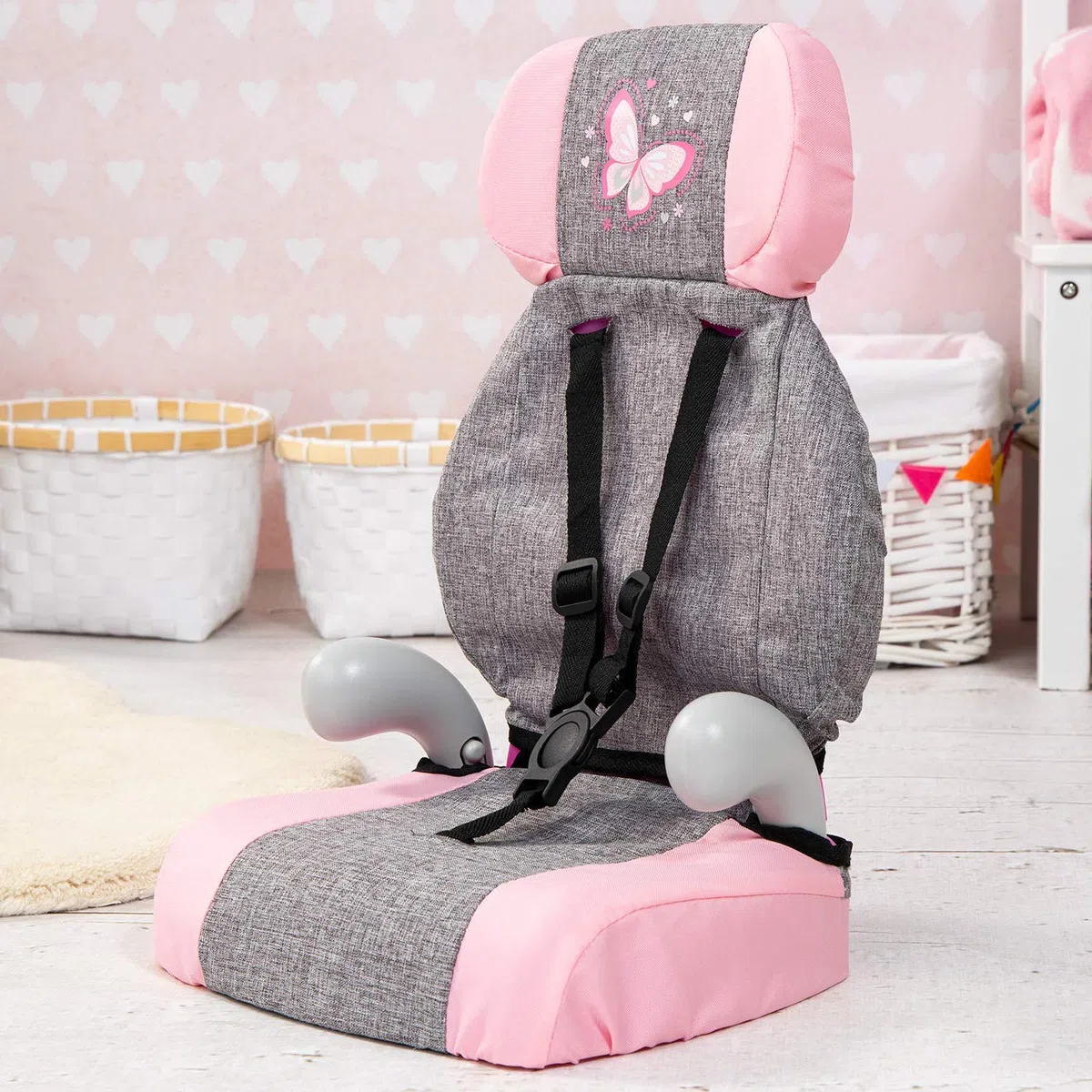 Bayer Design- Giocattolo, Seggiolino Auto, Accessori per Bambole con Cintura, Moderno, Colore Jean Gris, Rose avec Papillon, 67533AA