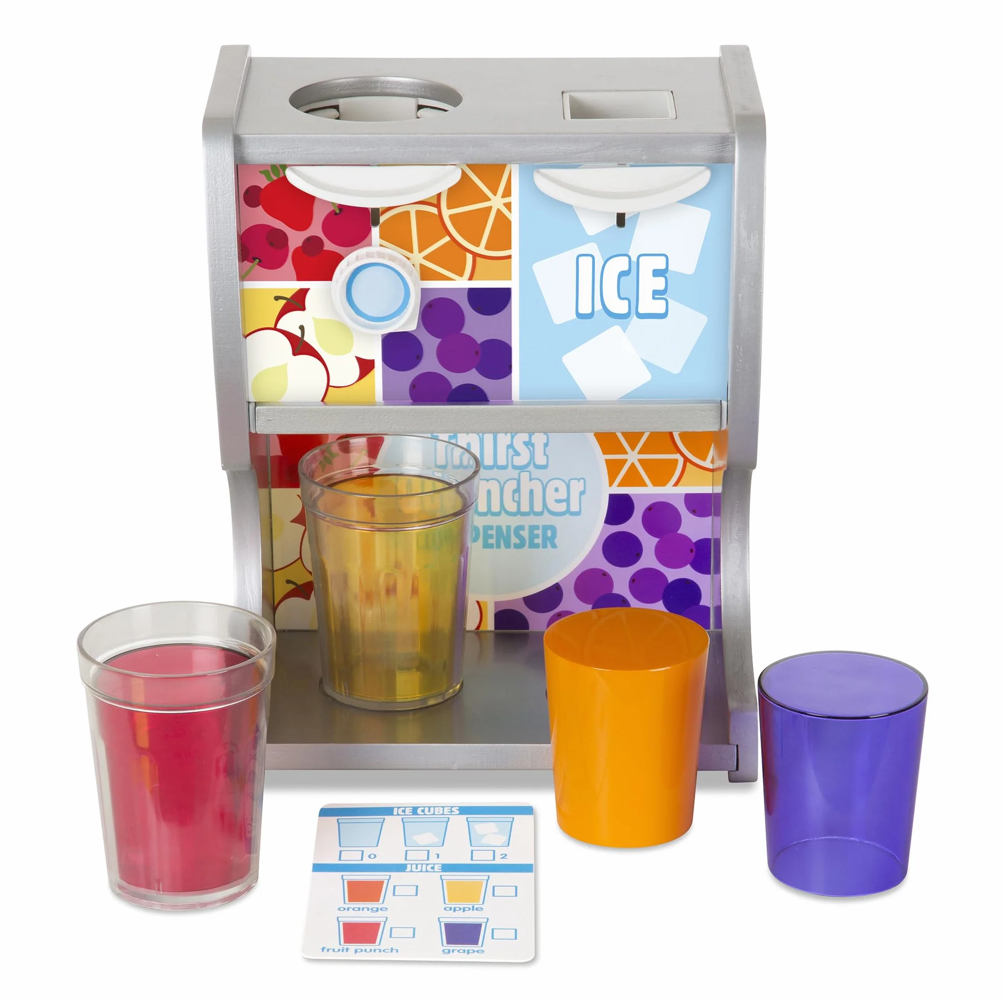 Melissa & Doug Distributore di Bevande in Legno con Bicchieri, Inserti con succhi, cubetti di Ghiaccio (10 Pezzi) Dispenser Dissetanti - Certificati FSC