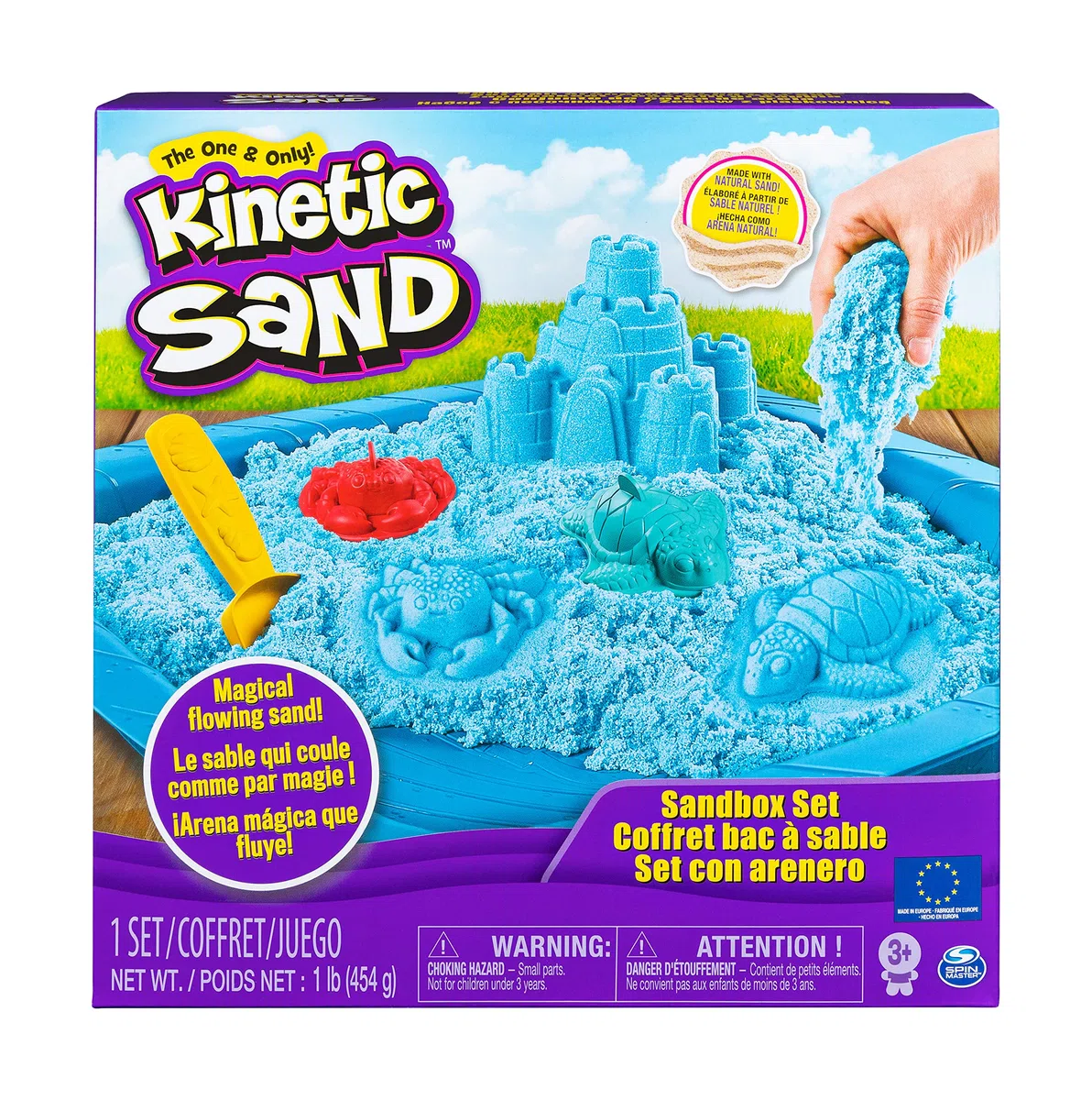 Kinetic Sand Playset Castelli di Sabbia Sabbia cinetica con vaschetta Sabbia magica Sabbia colorata a sorpresa 454gr 3 formine incluse Giocattoli per bambini e bambine 3 anni