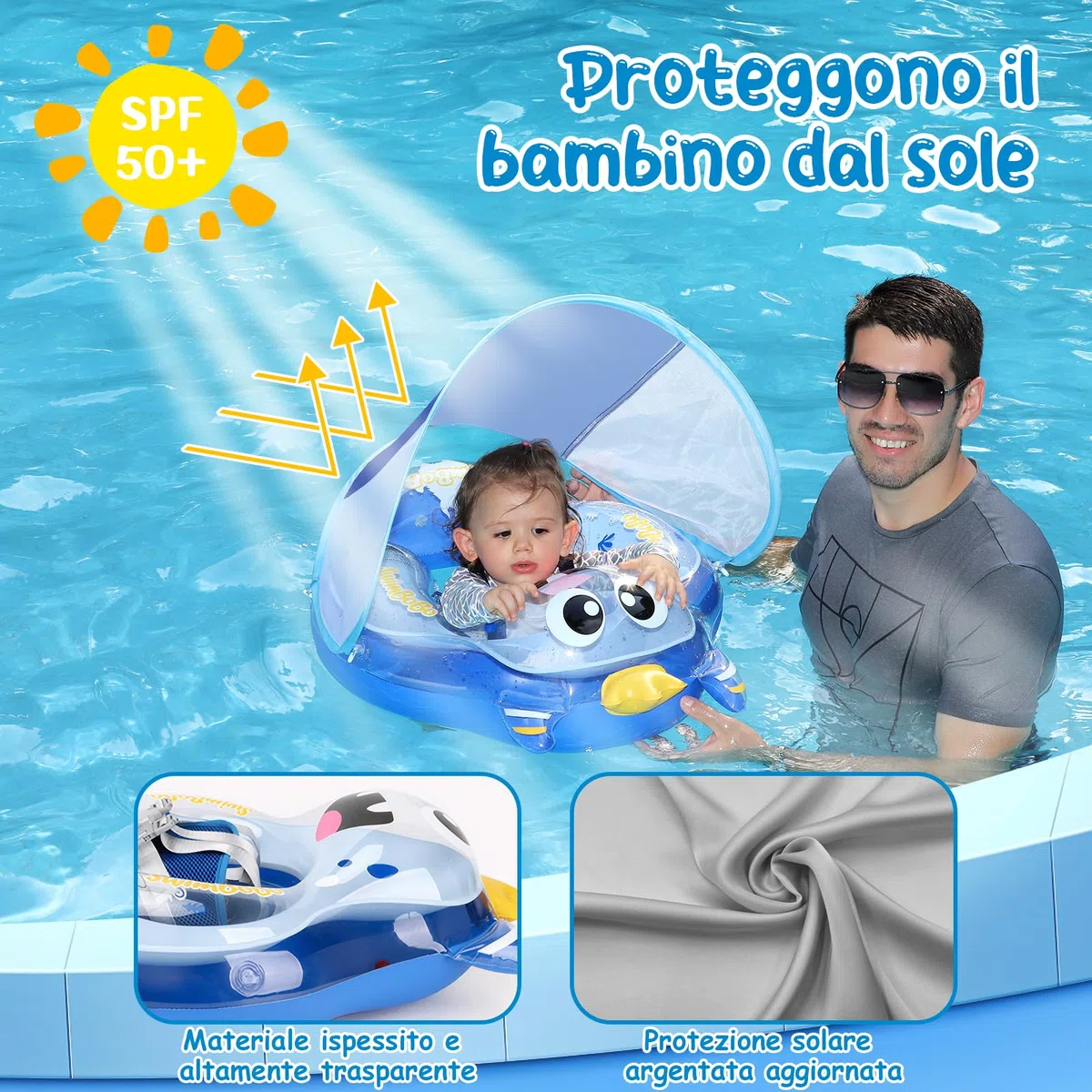 YOOHBERRYS Salvagente Neonato, Ciambella Neonato Mare, Anello Galleggiante per Bambini con Parasole SPF 50+, Salvagente Galleggiante per bambini da 6 a 36 mesi