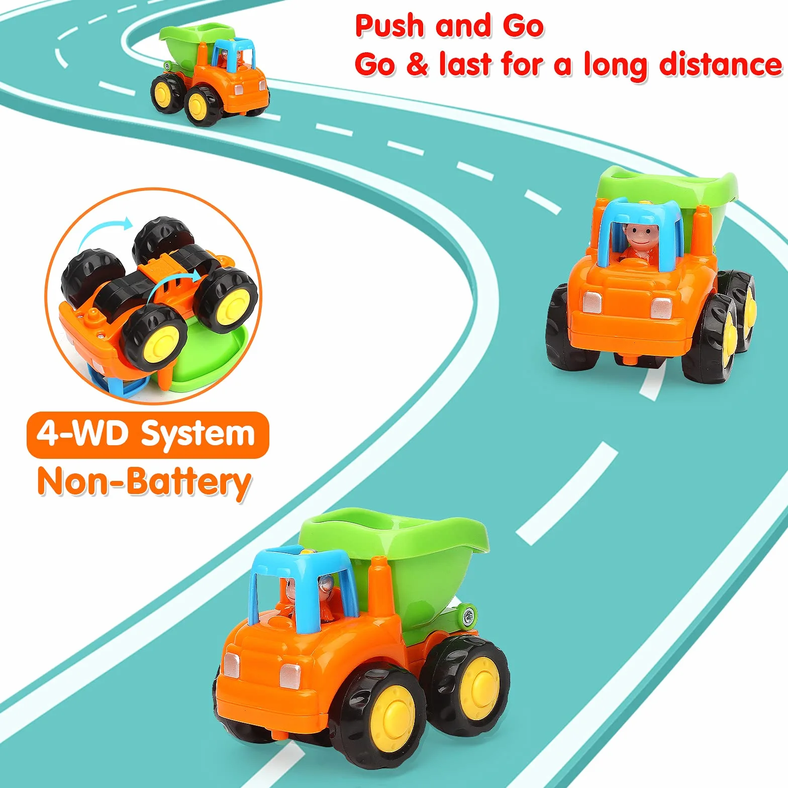 TINOTEEN Auto Giocattoli,Macchinine per Bambino 1 2 3 Anni Spingi e Vai Veicoli Giochi Set di 4 Trattore,Bulldozer, Camion Betoniera, Dumper