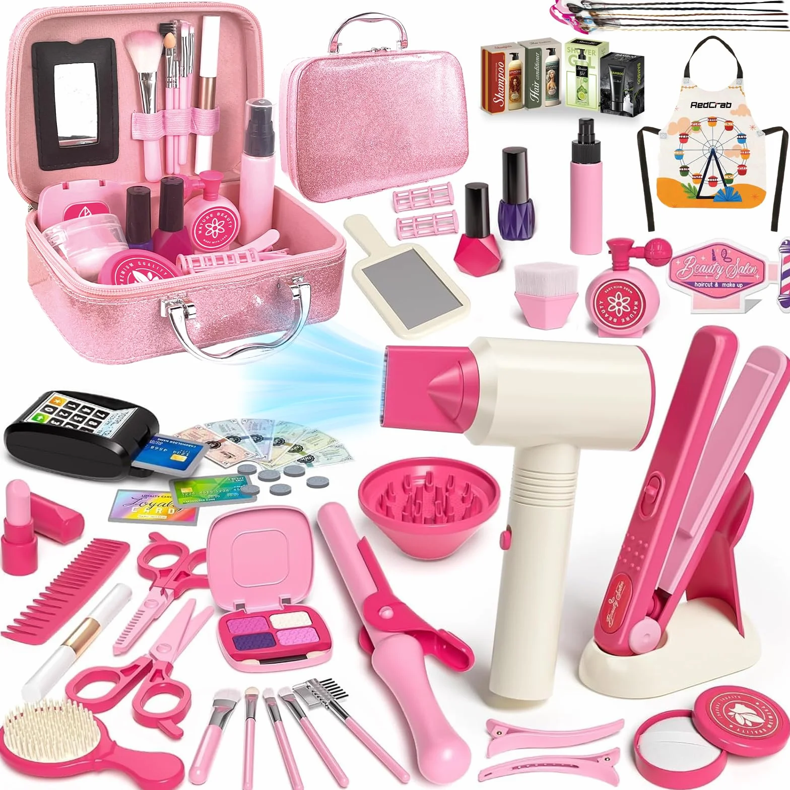 RedCrab Set Parrucchiera e Trucchi, 55 Pezzi Kit di Bellezza e Parrucchiere per Bambini con Asciugacapelli, Arricciacapelli, Valigia Trucchi e Altri Accessori, Giochi di Ruolo per Bambini 3+ Anni