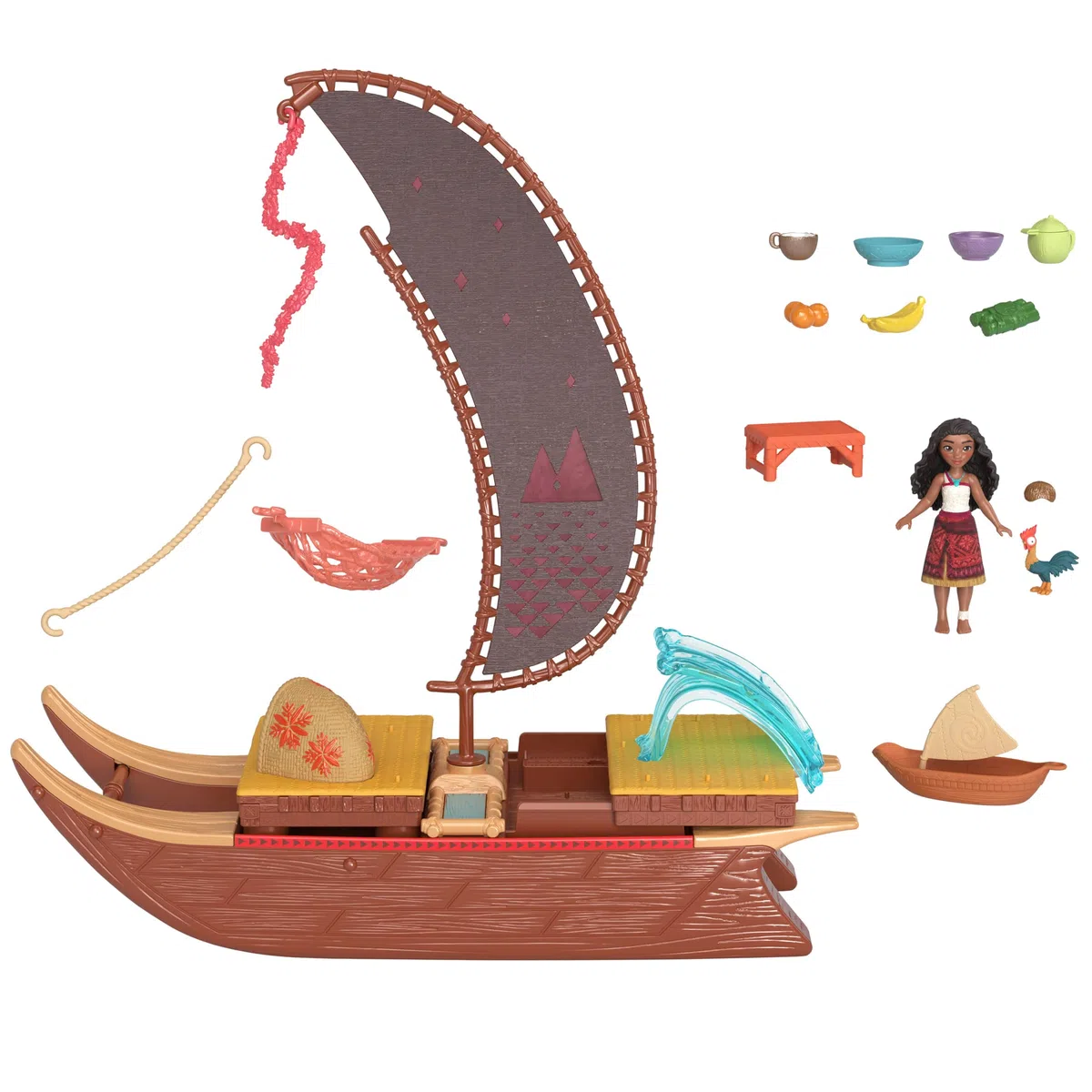 Mattel Disney Oceania 2 - La Canoa delle Avventure di Vaiana, playset con mini bambola e canoa galleggiante, 10 accessori e 1 personaggio amico inclusi, giocattolo per bambini, marrone, 3+ anni, JBT78