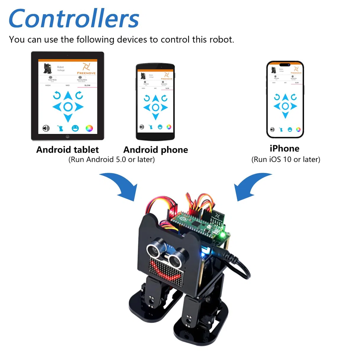 Freenove Bipedal Robot Kit for Raspberry Pi Pico (Included) (Compatible with Arduino IDE), LED Matrix Expressions, Obstacle Avoidance, Colorful Lights, Buzzer, Speaker, App