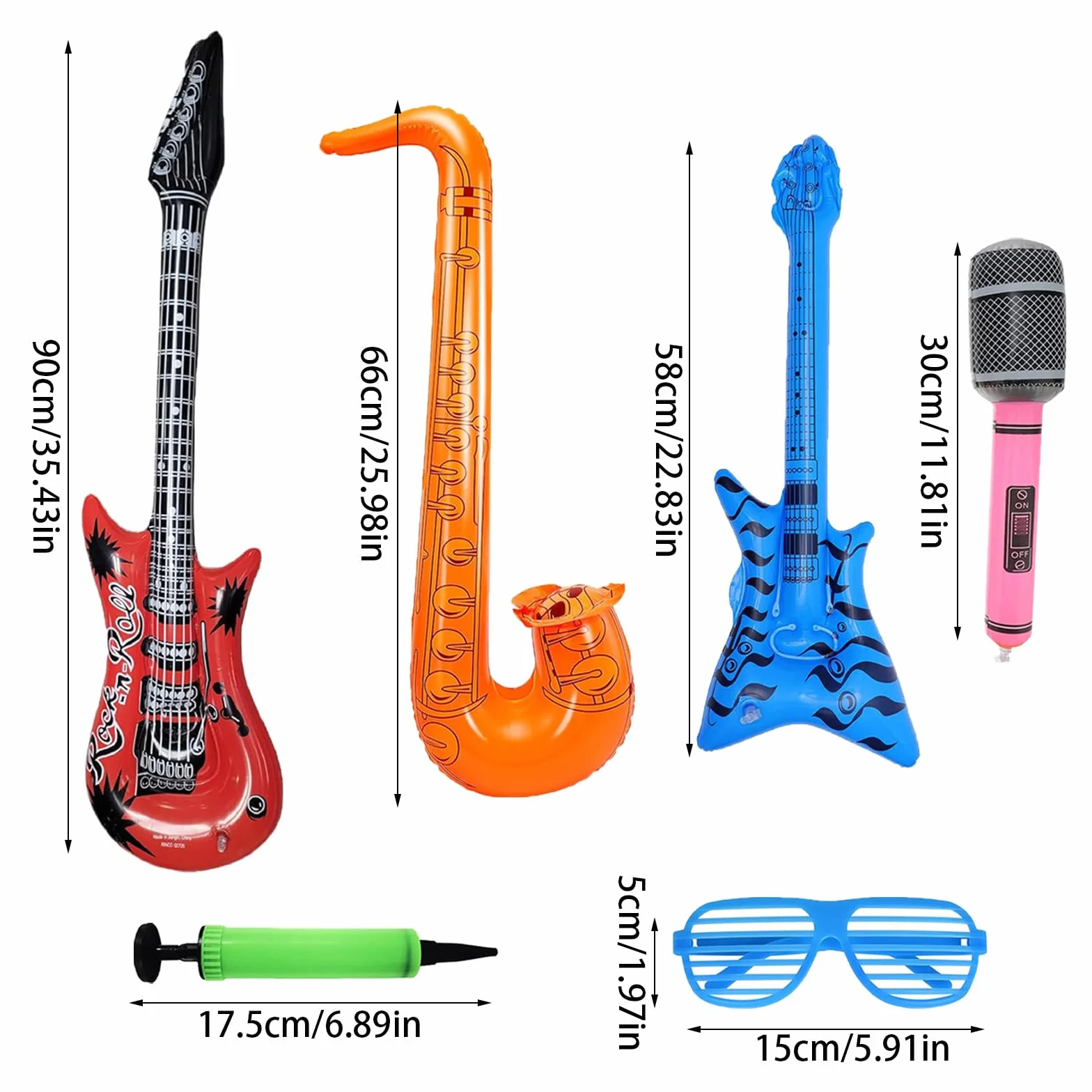 Strumenti Gonfiabili Musicali set di 9 Giocattoli Gonfiabili Rock Star Chitarra Giocattolo 90 cm Chitarra Elettrica Gonfiabile Adatto per Feste a Tema Palloncini, Feste di Compleanno ecc.