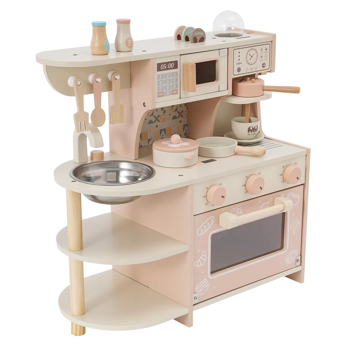 Cucina giocattolo in legno per bambini, con fornello e macchina da caffè, giocattolo in legno non tossico, set compatto da cucina per bambini giochi di ruolo a casa