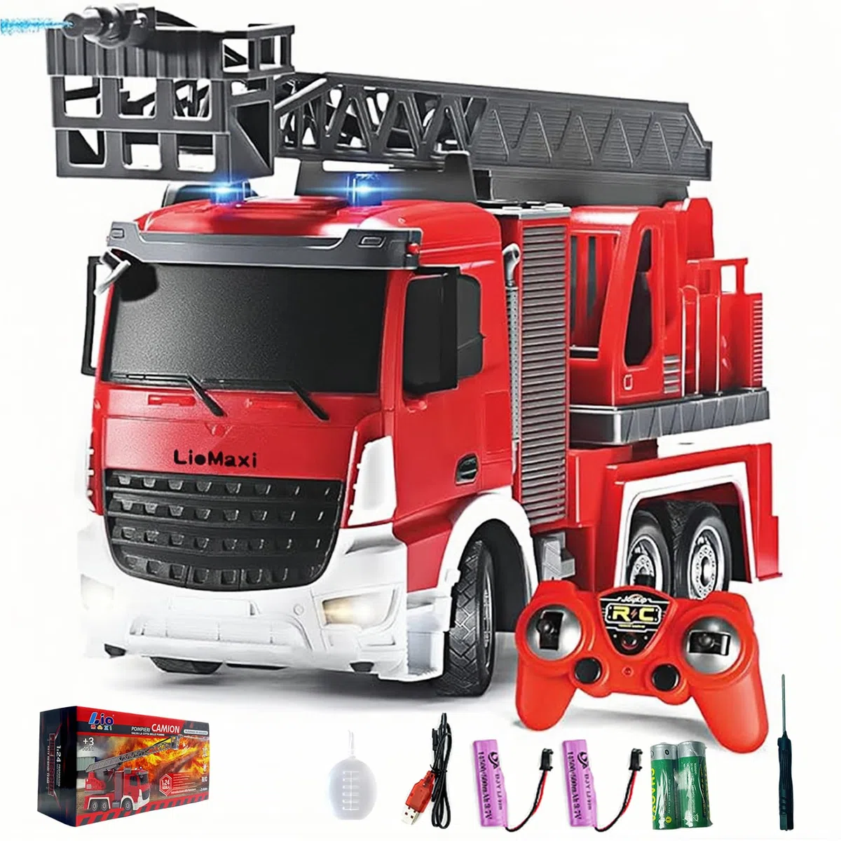 Scala 1:24 telecomandata Giocattolo camion pompieri,con pompa spruzzatrice d'acqua, Camion pompieri radiocomandato con scala estensibile e luci, Scala girevole Manuale, Ricaricabile,Rosso