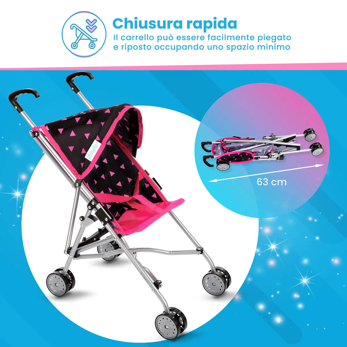 Kinderplay Passeggino per Bambole in Alluminio – Manico 54 cm, Leggero e Pieghevole – Per Bambini 2+ – Ruote Doppie Silenziose e Cintura di Sicurezza