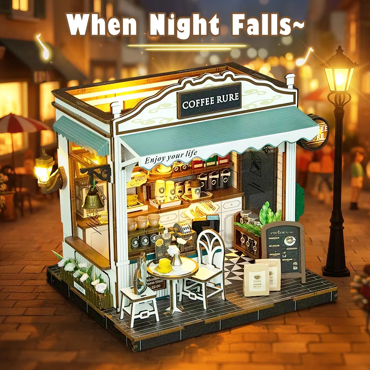 Cuteefun Casa delle Bambole in Miniatura con Luci LED, Kit Creativo Fai da Te, Oggetto Decorativo, per Adulti e Adolescenti, Idea Regalo per Natale e Compleanno (Caffè-Bar)