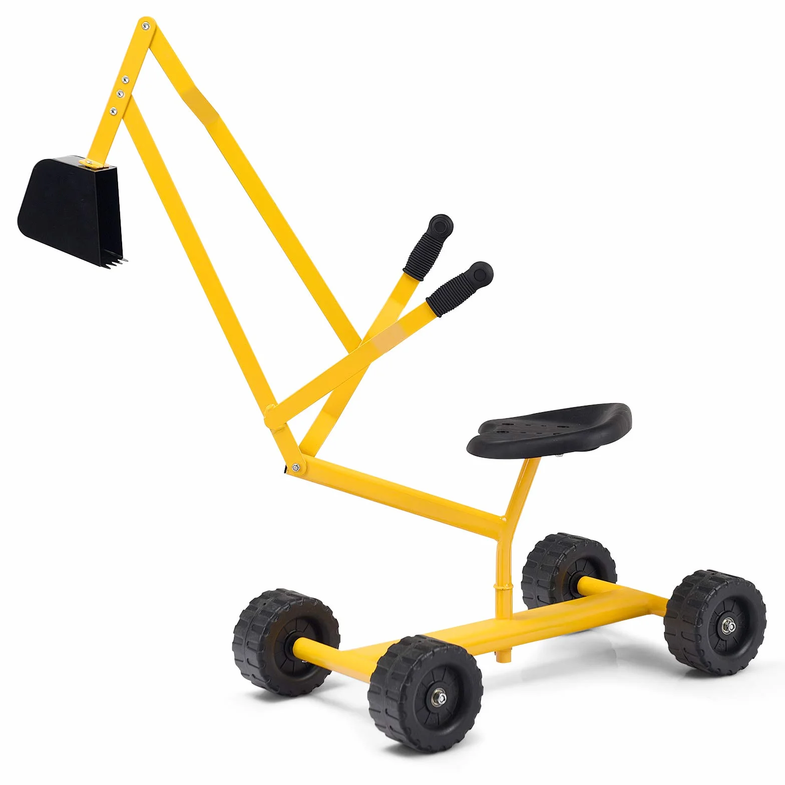 GYMAX Giocattolo Escavatore per Bambini, con Sedile Girevole a 360 Gradi, 2 Bracci e 4 Ruote Antiscivolo, Maniglia in Gomma, Adatto per Bambini 3+ Anni, (S - Giallo)
