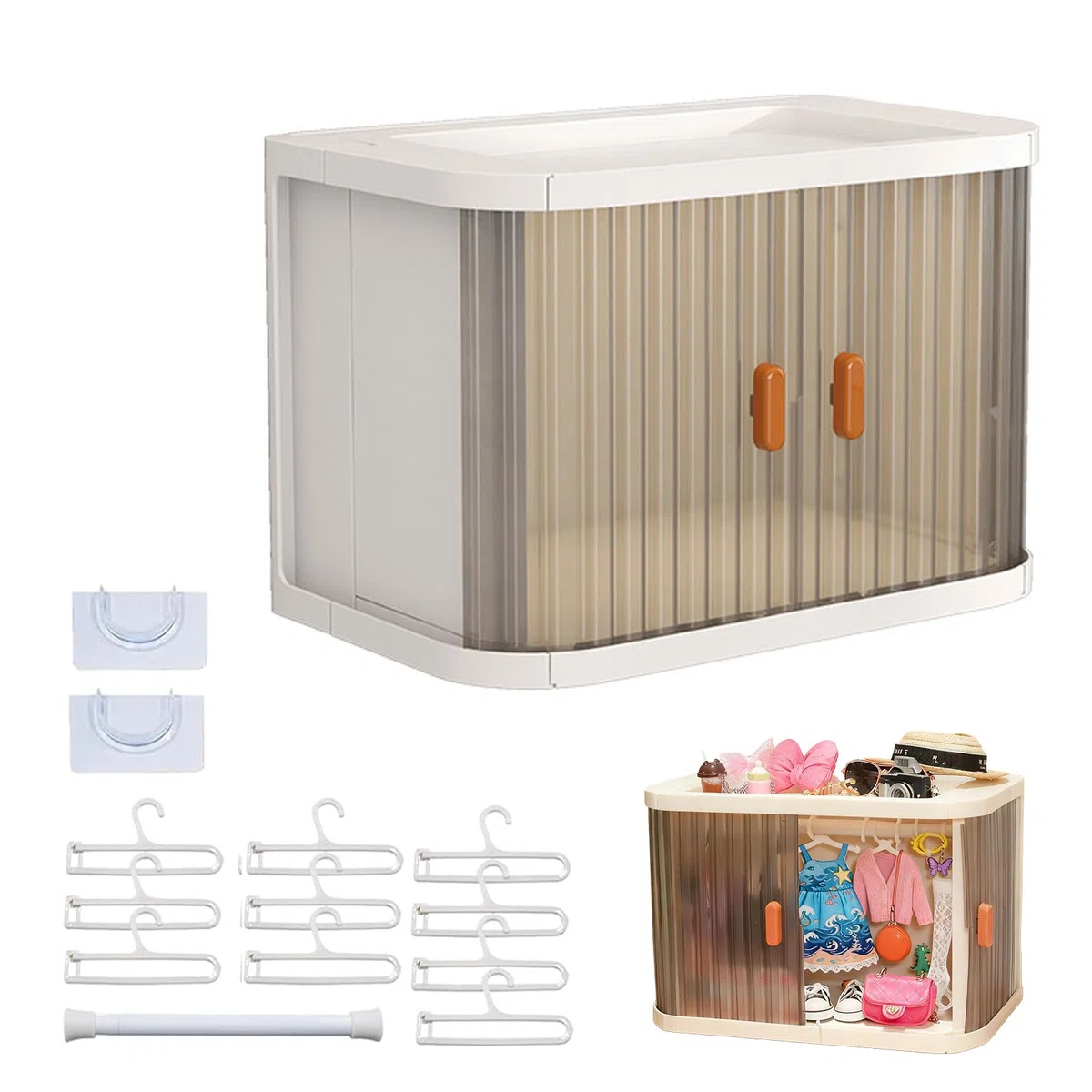 Armadio per Bambole, Guardaroba per Bambole Vestiti per Bambole da 17 cm, Armadio per Bambole con Appendiabiti e Asta, Pieghevole Scatola Guardaroba con Copertura Antipolvere e Ripiano Espositivo