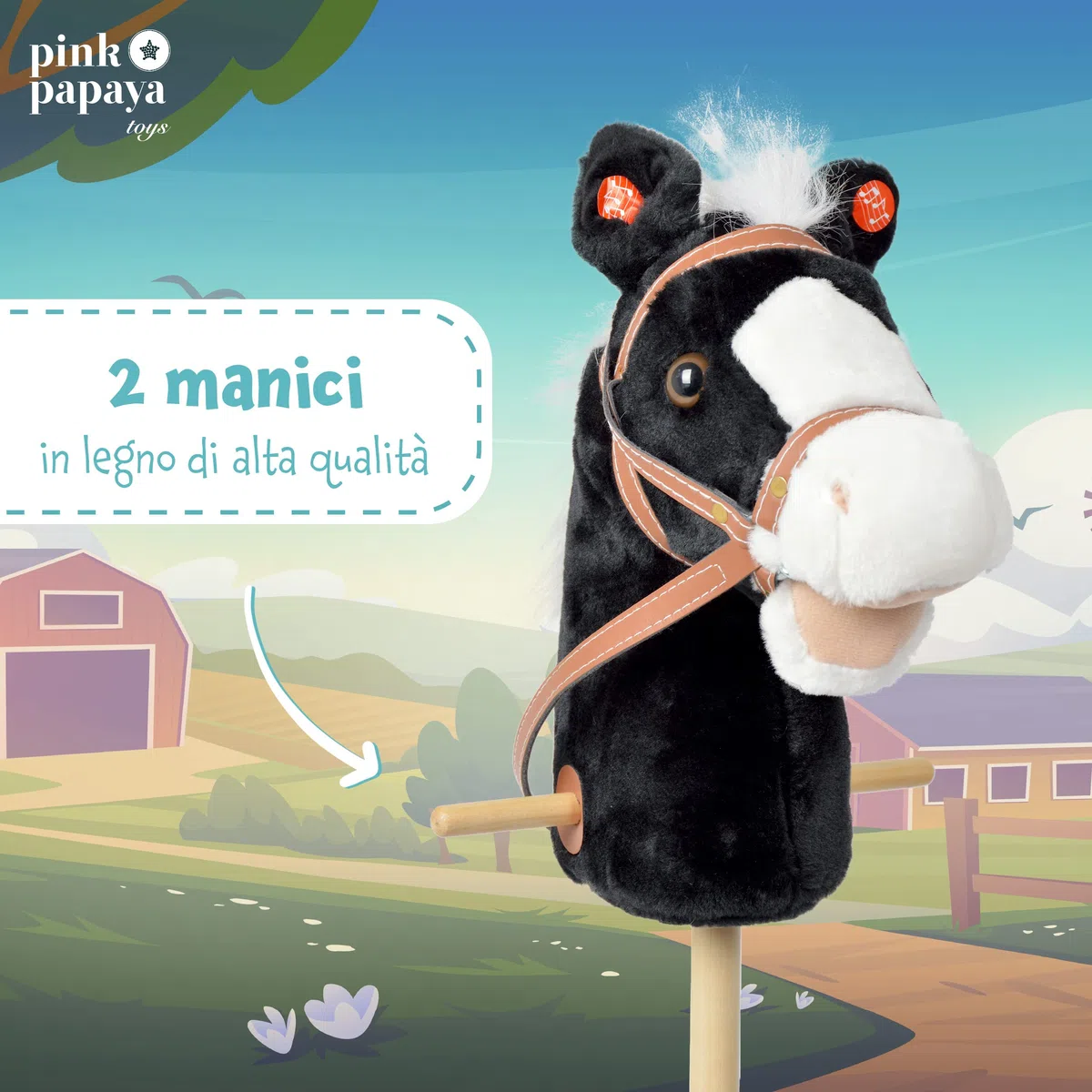 Pink Papaya Cavalluccio con Bastone, Beauty, splendido Cavallo Giocattolo di Peluche con Funzione Sonora: nitrito e Suono del Galoppo - Colore: Nero con criniera Bianca