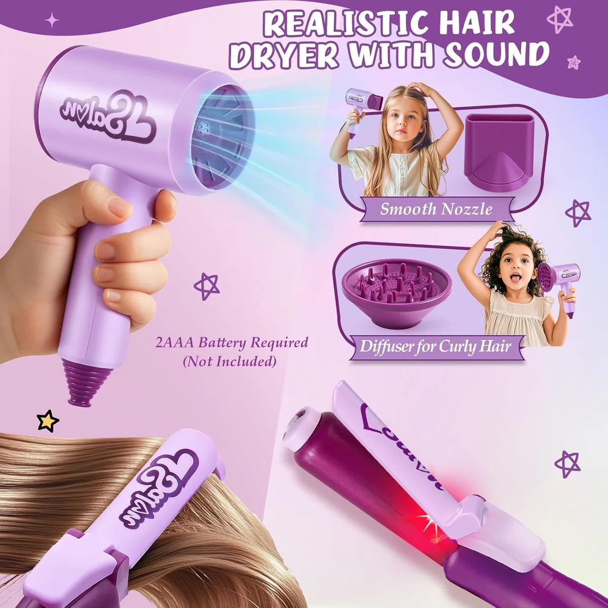 Set Parrucchiere per Bambini Trucco Hair Styling con Giocattolo Asciugacapelli Piastra Testa in Stile Bambola Parrucchiere da Kit Bellezza Trucco Salone Giocattolo Compleanno per Ragazze 3 4 5 6 Anni