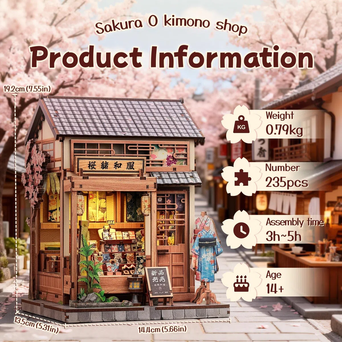 Fsolis Kit Book Nook, casa delle bambole giapponese in miniatura, kit artigianale in legno 3D per adulti, decorazione per libreria, regalo (Sakura O kimono Shop)