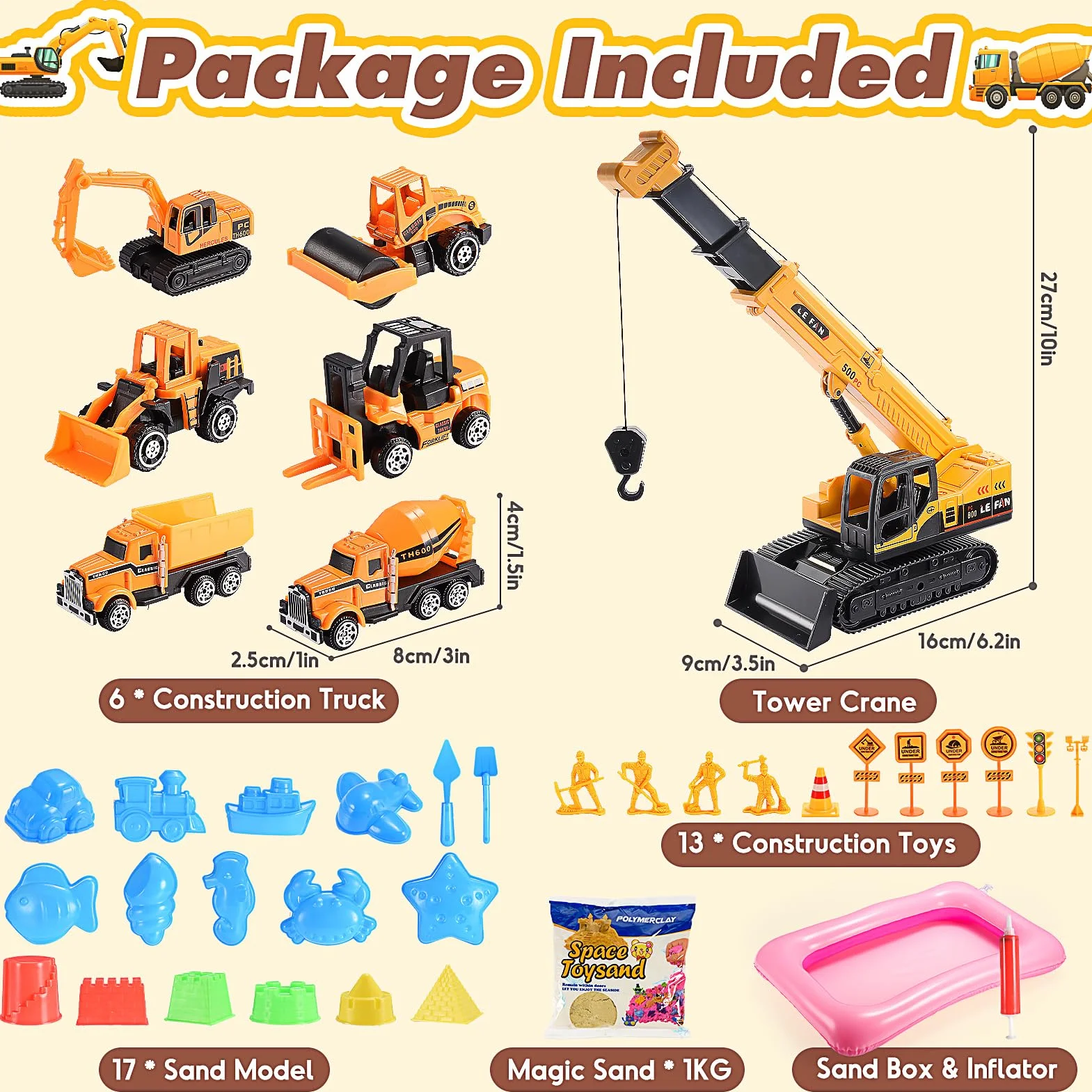 Geebiiny Sabbia Cinetica Bambini, Giochi Bambini 3-10 anni Trattore Escavatore Betoniera Gru Giocattolo per Bambini Regalo Bambini 3 4 5 6 7 8 anni Sabbia Magica Sabbiera per Bambini