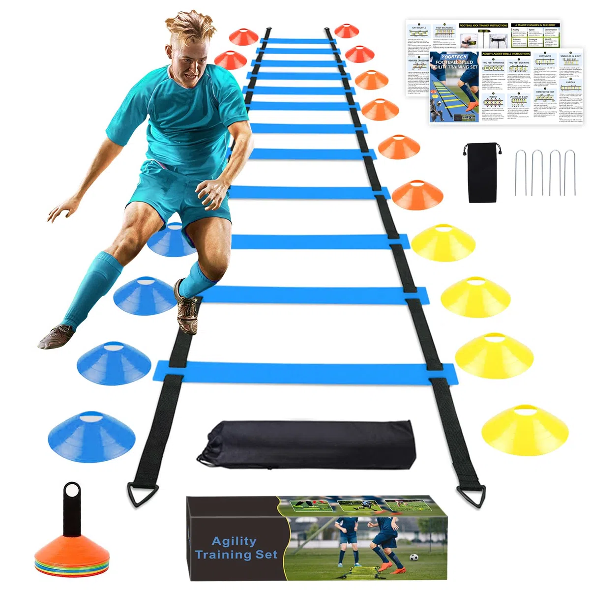 Accessori per allenamento da calcio per bambini, scala di coordinazione, scala di coordinazione da 6 m, con 16 coni, set di attrezzature per allenamento di calcio per ragazzi e bambini (blu)