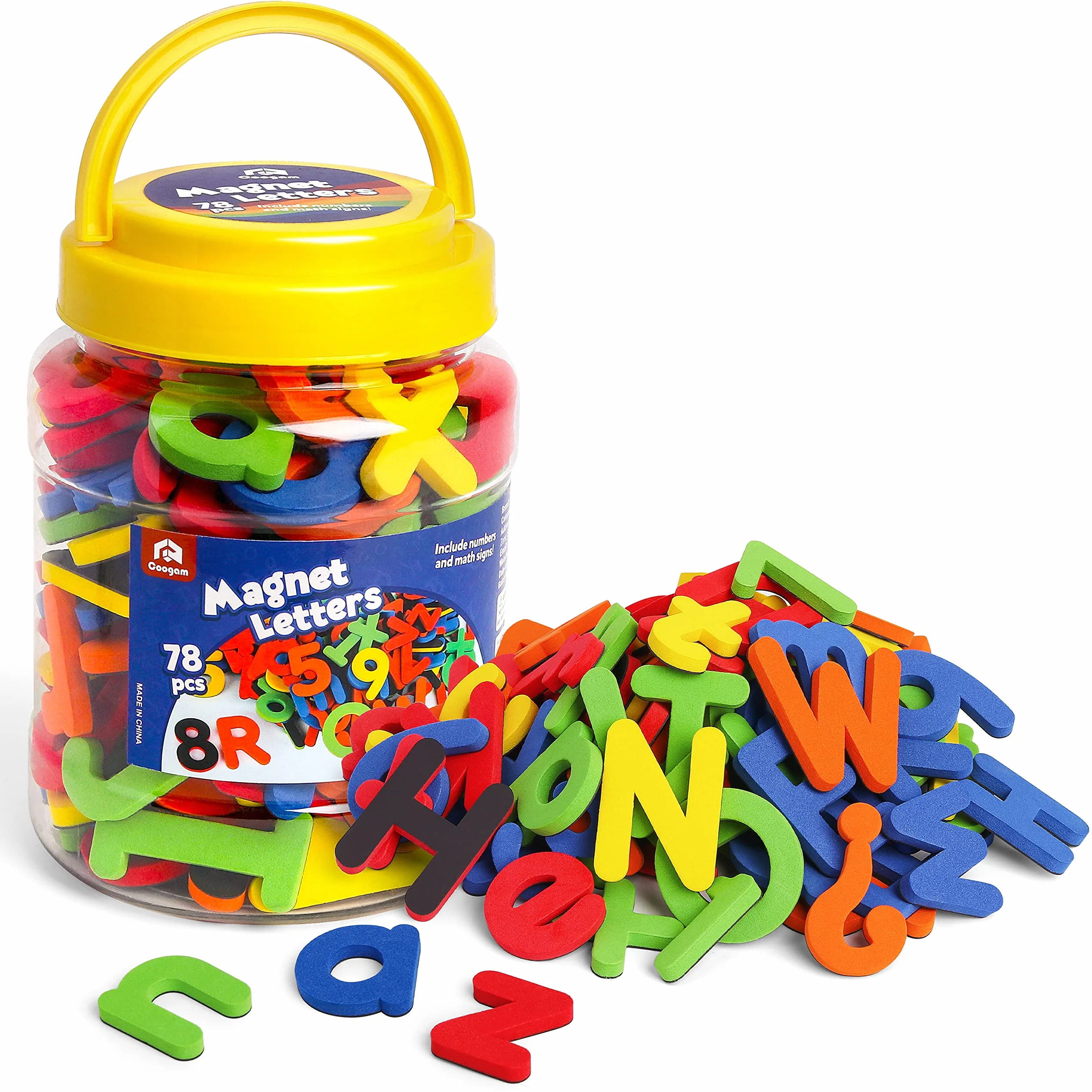 Coogam EVA Lettere magnetiche Numeri 78 Pz Alfabeto ABC 123 Magneti frigo Set di giocattoli educativi colorati, Apprendimento prescolare Ortografia Maiuscolo minuscolo per 3 4 5 anni Bambino
