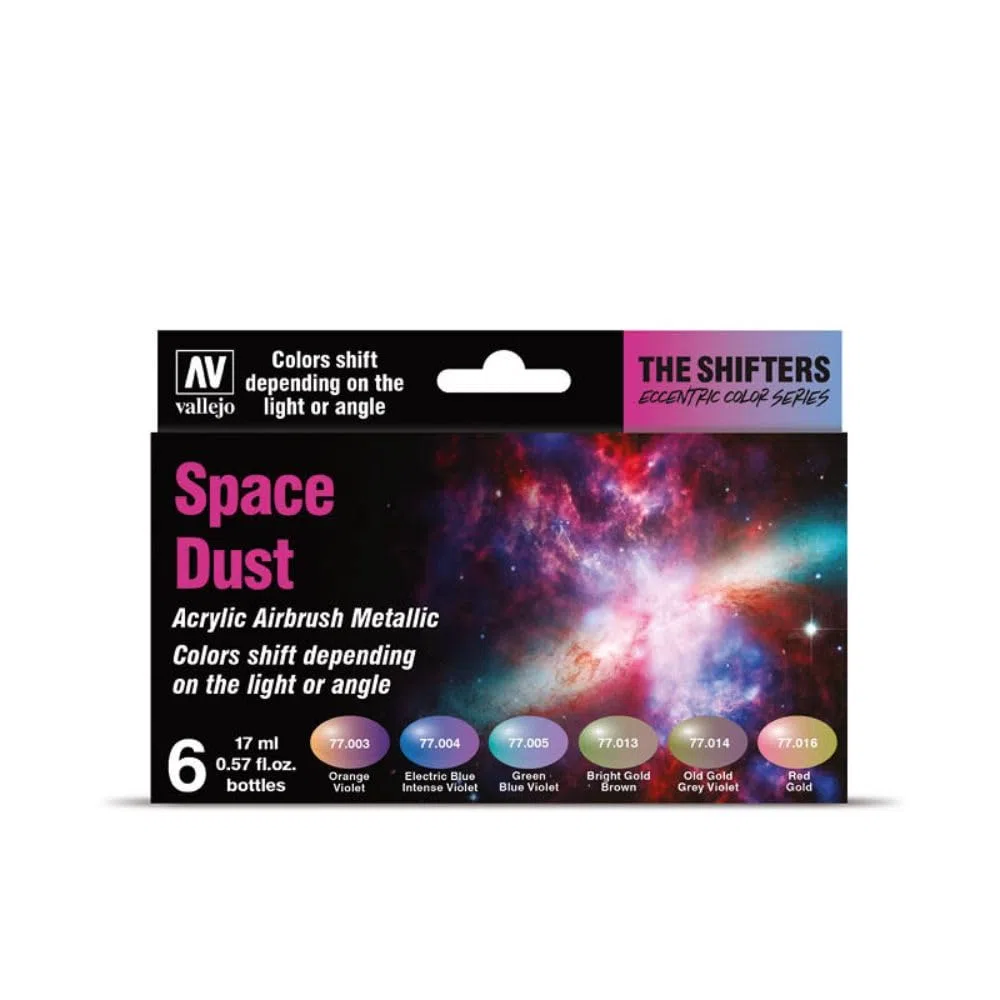 Vallejo Set di Pittura Acrilica Space Dust, 6 Colori Metalizzati per Aerografo, Bottiglie da 17 Ml, Ideale per Figurine di Fantasia e Wargames