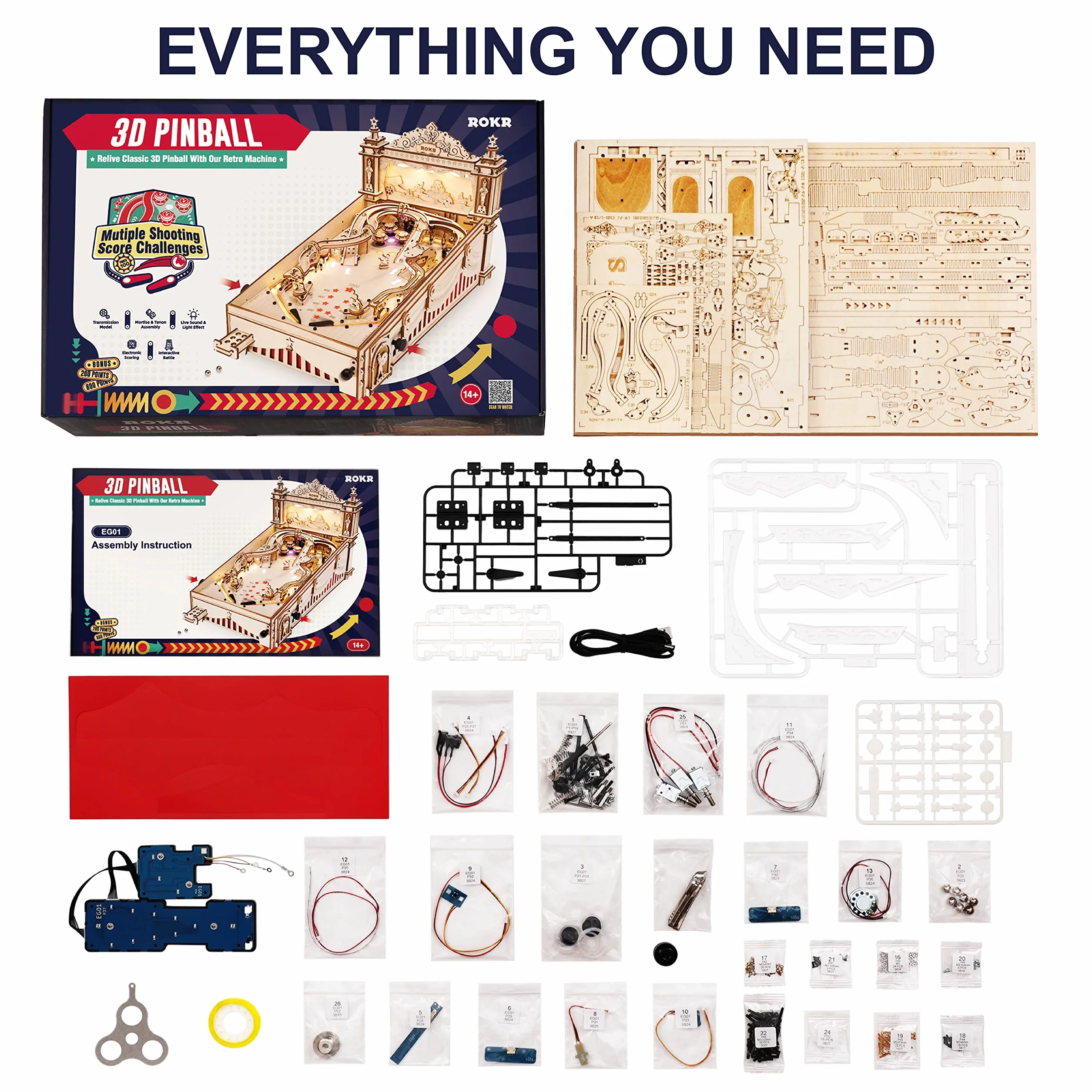 ROKR Pinball Flipper Kit di Modellismo DIY-Puzzle 3D Legno Adulti-Idea Regalo Per Uomo Marito Padre (EG01)