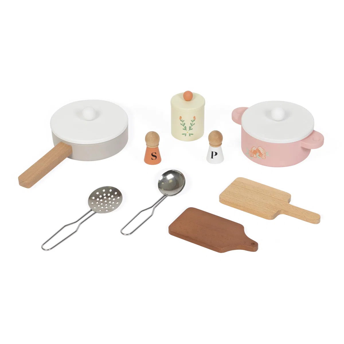 Janod - Cucinino per Bambini in Legno - Cucina per Bambini con Quattro Utensili e 10 Accessori Inclusi - Boutons Rotatifs Sonores - Jouet Imitation et Eveil - da 2 Anni, J06640