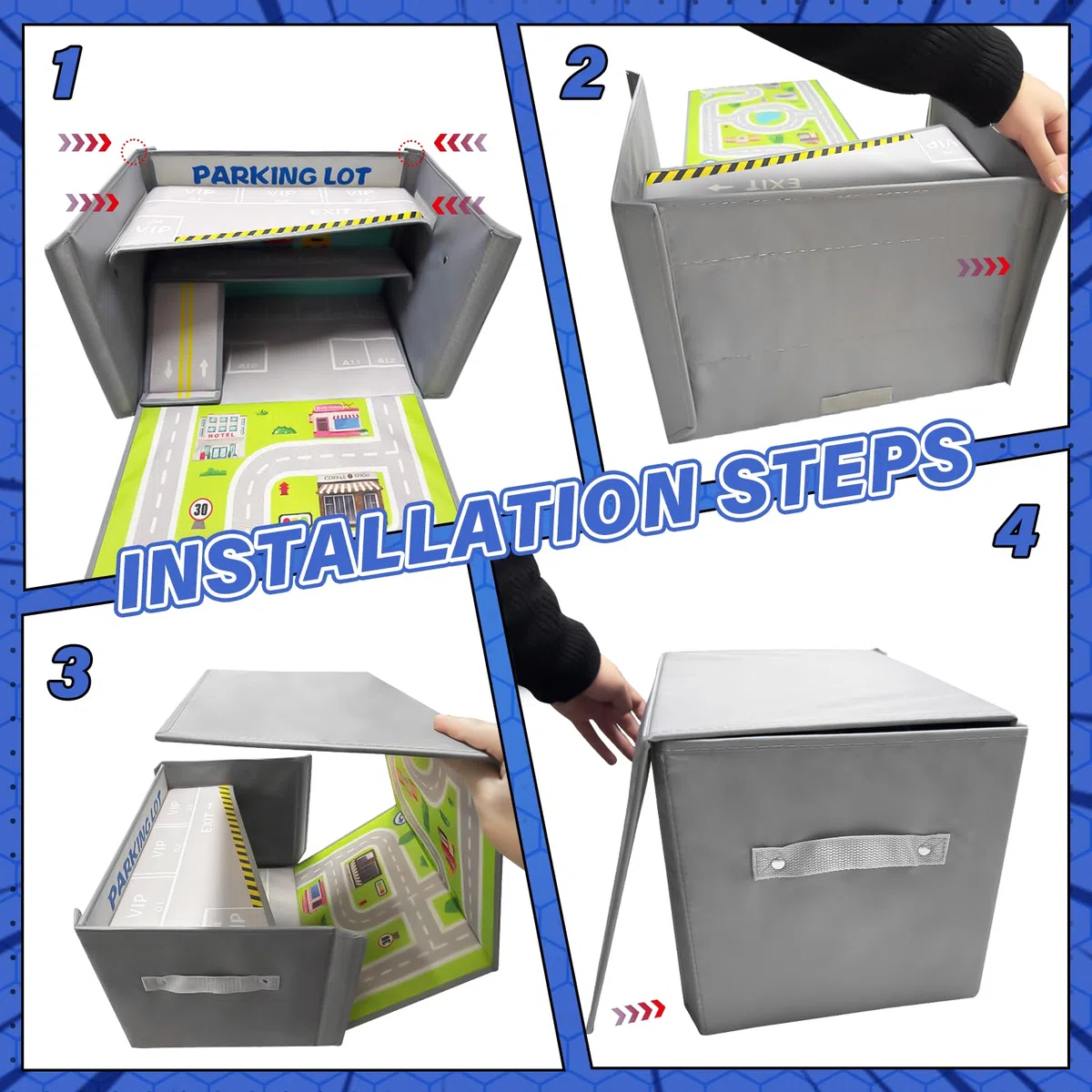 Scatola Portaoggetti per Auto Giocattolo: Garage per Auto Giocattolo per Bambini - Garage per Pieghevole 3 in 1 per Bambini - Organizzatore per e Tappeto da Gioco (Gray)