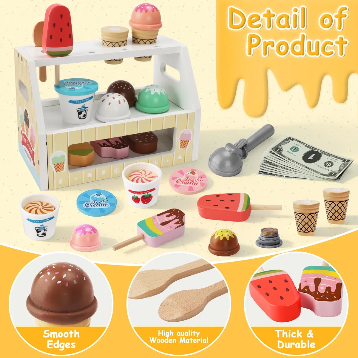 Gelateria Giocattolo per Bambini,Mini Giocattolo per Gelato in Legno,Montessori Gioco di Ruolo Educativo Regalo,Gelateria Giocattoli in Legno per Bambini da 3 4 5 6 Anni Ragazzi Ragazze