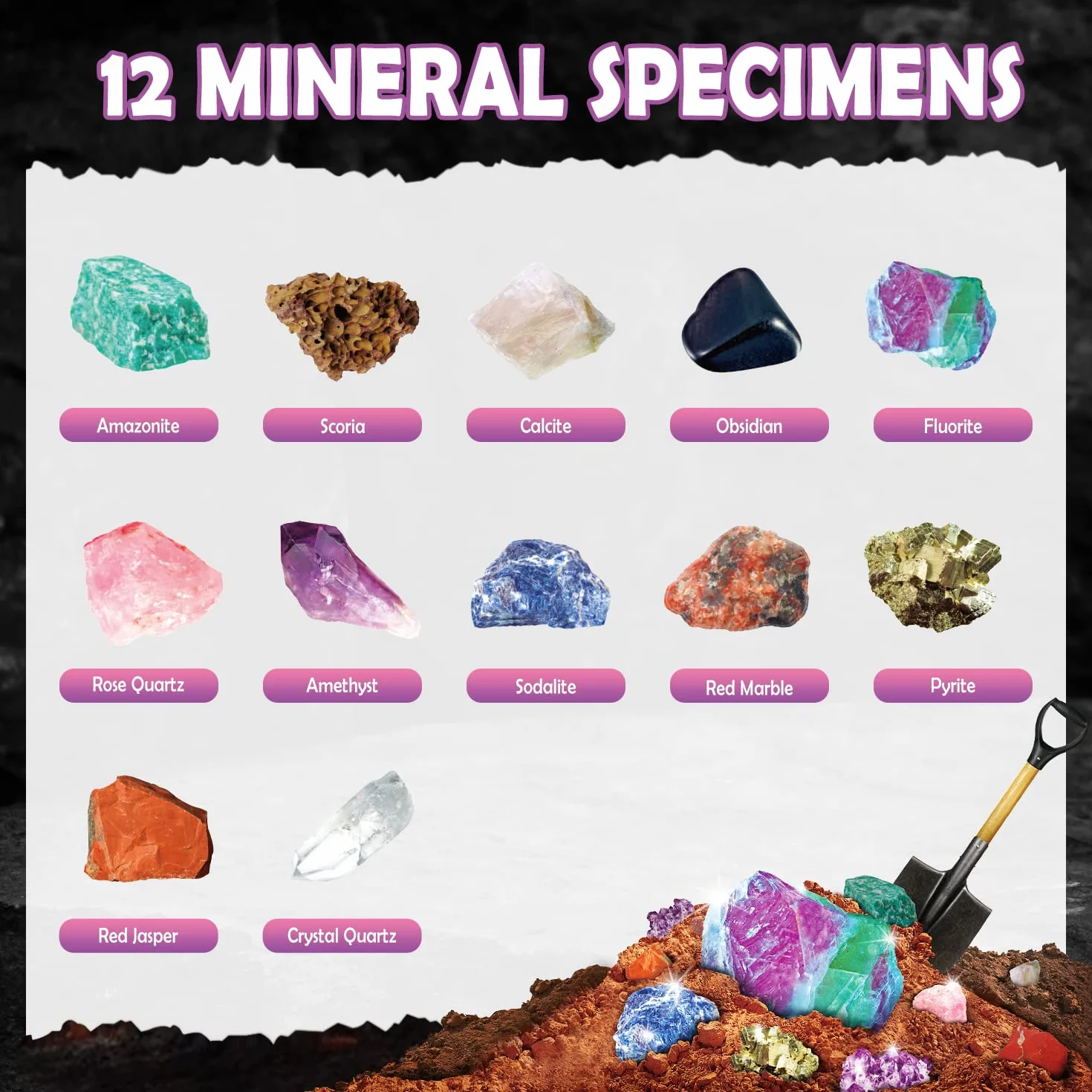 Byncceh Kit di Scavo per Bambini, Pietre Preziose e Eristalli Kit di Scavo, 12 Pietre e Cristalli, Minerali da Collezione, Gemme Mining Toys per Ragazzi e Ragazze, Regalo per Bambini