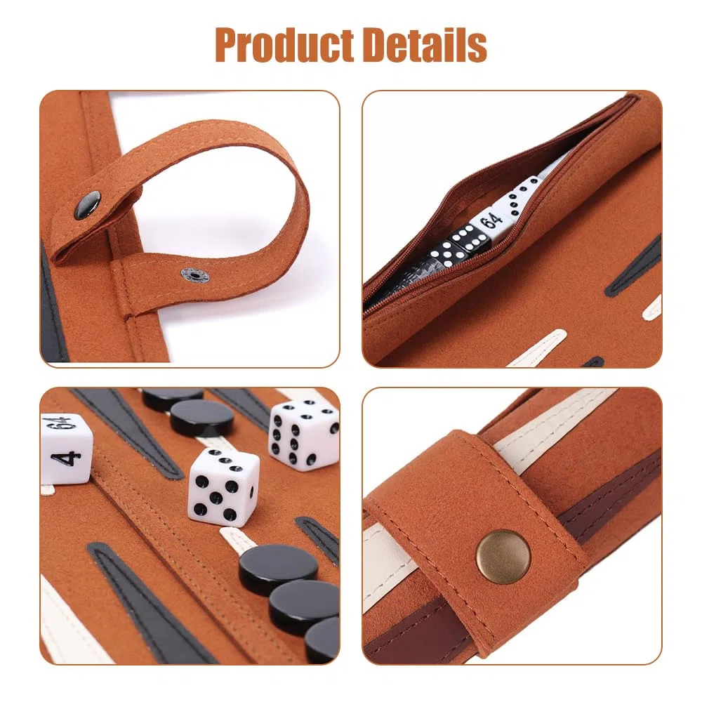 Backgammon Gioco da Tavolo, Backgammon da Viaggio, Back Gammon in Pelle, Portatili Gioco da Tavolo, Avvolgibile, Regalo Perfetto per Gli Amanti dei Viaggi, del Campeggio e Dei Picnic, 25x35cm