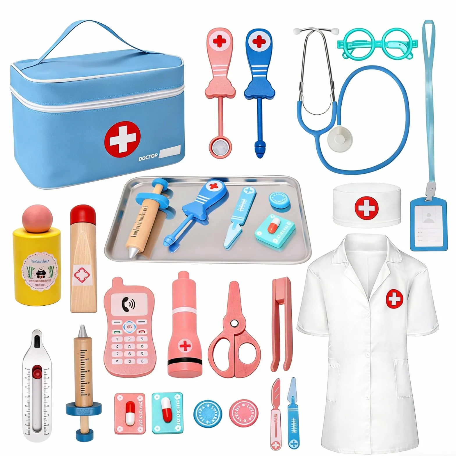 Valigetta Dottore Bambini, Legno kit Dottoressa Bambina con Vero Stetoscopio, Termometro, Camice da Medico e Borsa da Medico Portatile, Giochi di Ruolo, Giochi Bambini 3, 4, 5 Anni