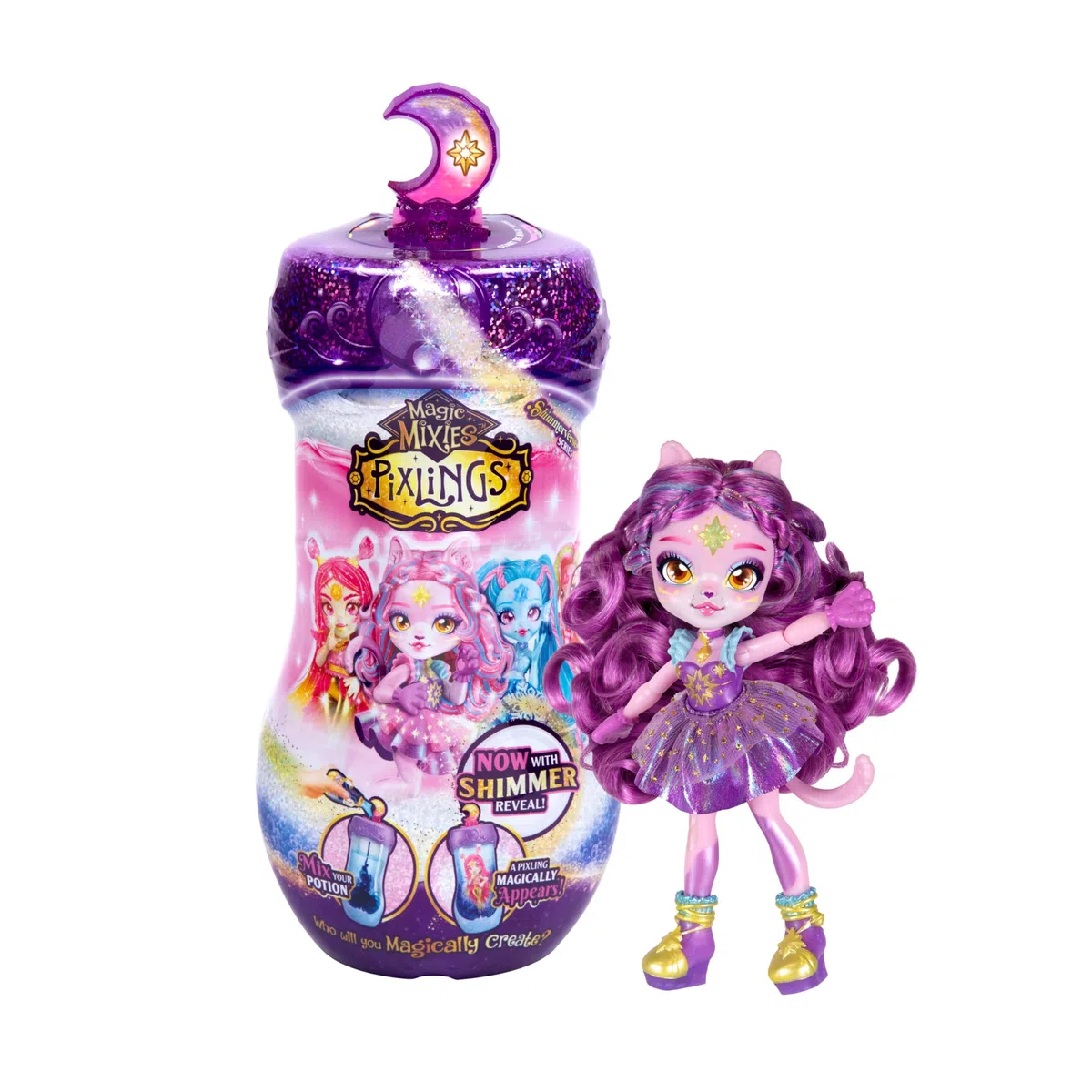 Magic Mixies Pixlings Ora con la rivelazione di luccichio Catlyn, il Pixling dei gatti Imposta una pozione magica e rivela magicamente una bellissima bambola Pixling in una bottiglia di pozione magica