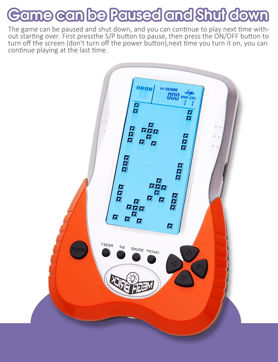 HLF Nuova console di gioco in mattoni con grande schermo La luminosità della retroilluminazione blu può essere regolata in 23 giochi compatibile con batteria al litio e batterie AAA (Arancia)