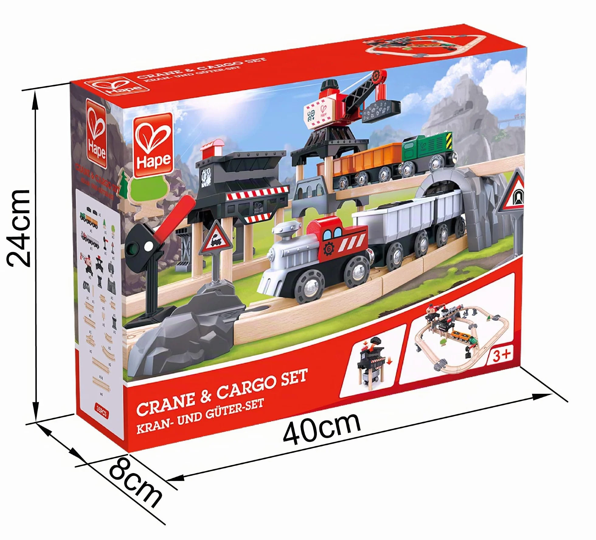 Hape Pista con trenino a batteria e gru - Include 10 binari in legno dritti e curvi per pista ad anello, Locomotiva n. 1 rossa e gru con magnete per bambini dai 3 anni
