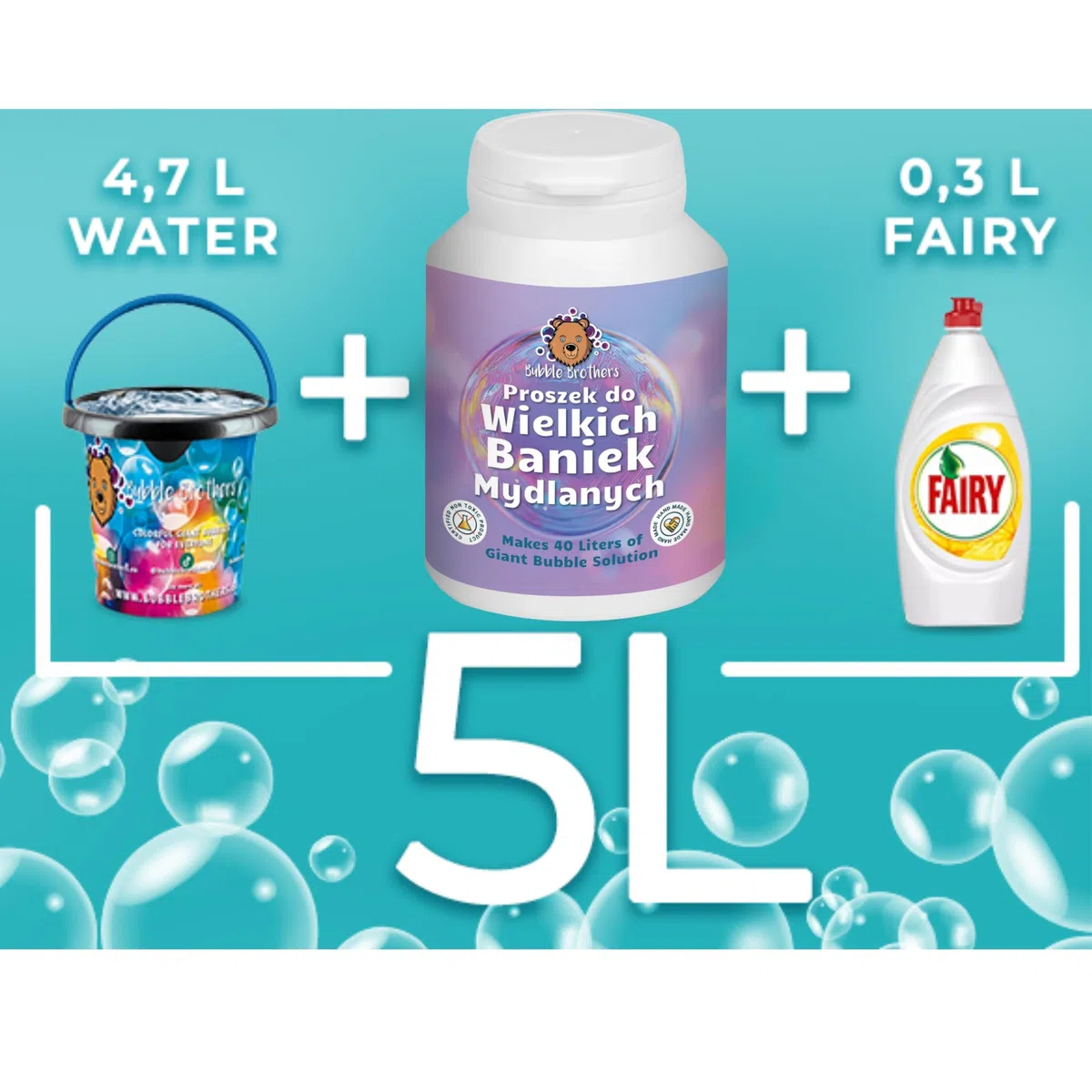 Bubble Brothers Bolle di sapone giganti in polvere – 160 g per 40 l liquido per bolle di sapone – per set di bolle di sapone XXL e bacchetta per bolle di sapone – polvere