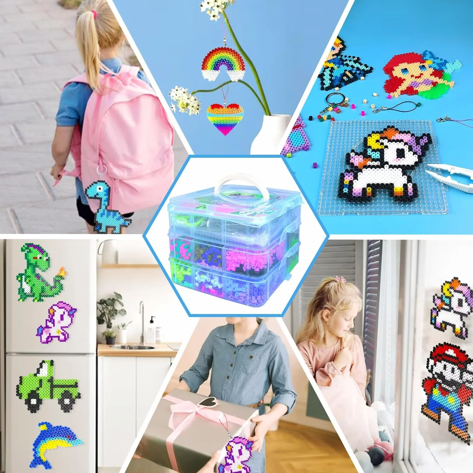 Kit di 11000 Perline Fusibili, Set di Perline in Ferro da 20 Colori, 5 mm, con Scatola Portaoggetti, Pannello forato, Carta da Stiro e Accessori per Catene, Kit Fai Da Te, Regali per Ragazze