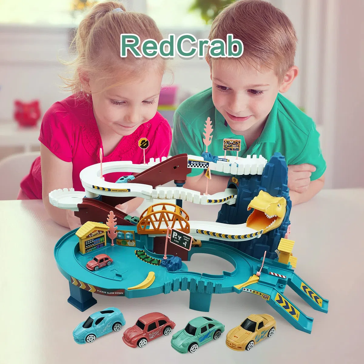 RedCrab Dinosaur Pista Macchinine Giocattolo, Dinosauri Piste Macchinine per Bambini con 4 Macchinine da 3 a 14 Anni, Regalo di Compleanno per Ragazzi e Ragazze