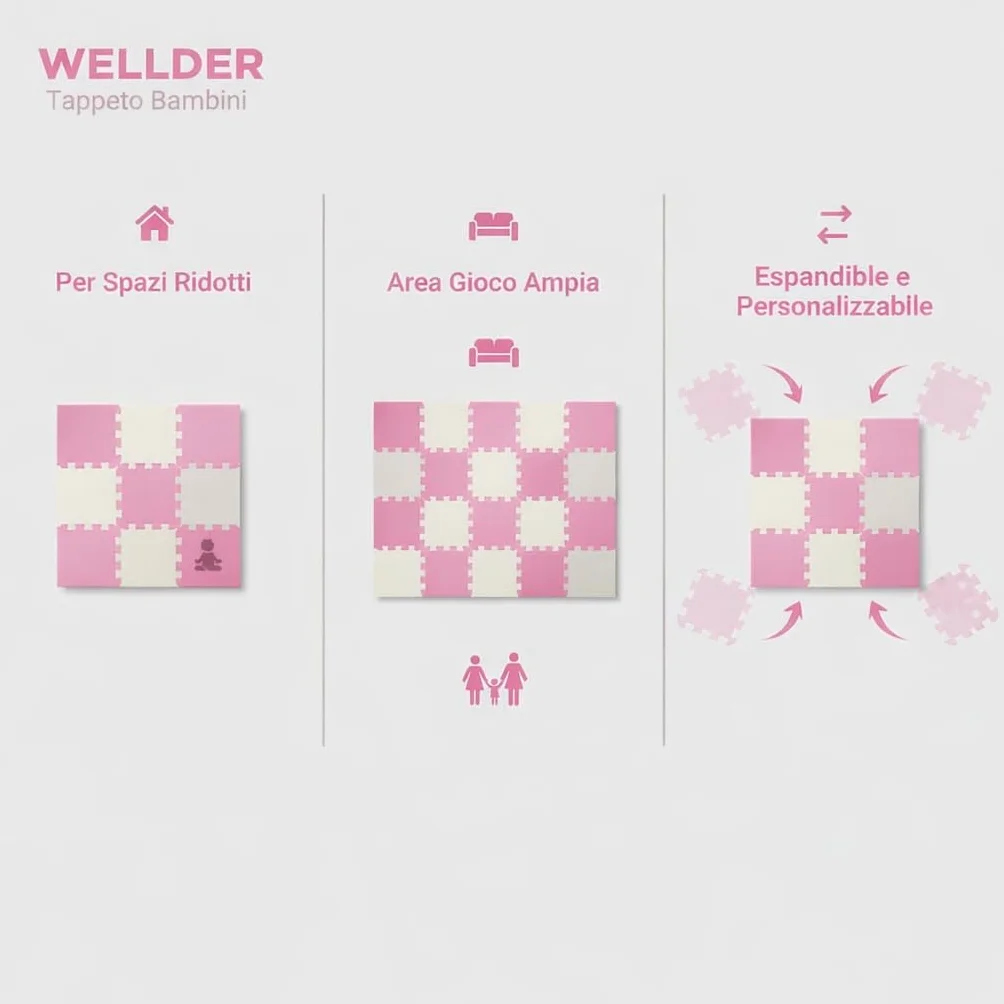 Tappeto Puzzle Bambini in EVA Antiscivolo – 18 Pezzi Rosa e Grigio 29,5x29,5 cm, Morbido e Atossico, Tappetone Gioco per Gattonare, Certificato CE, WELLDER