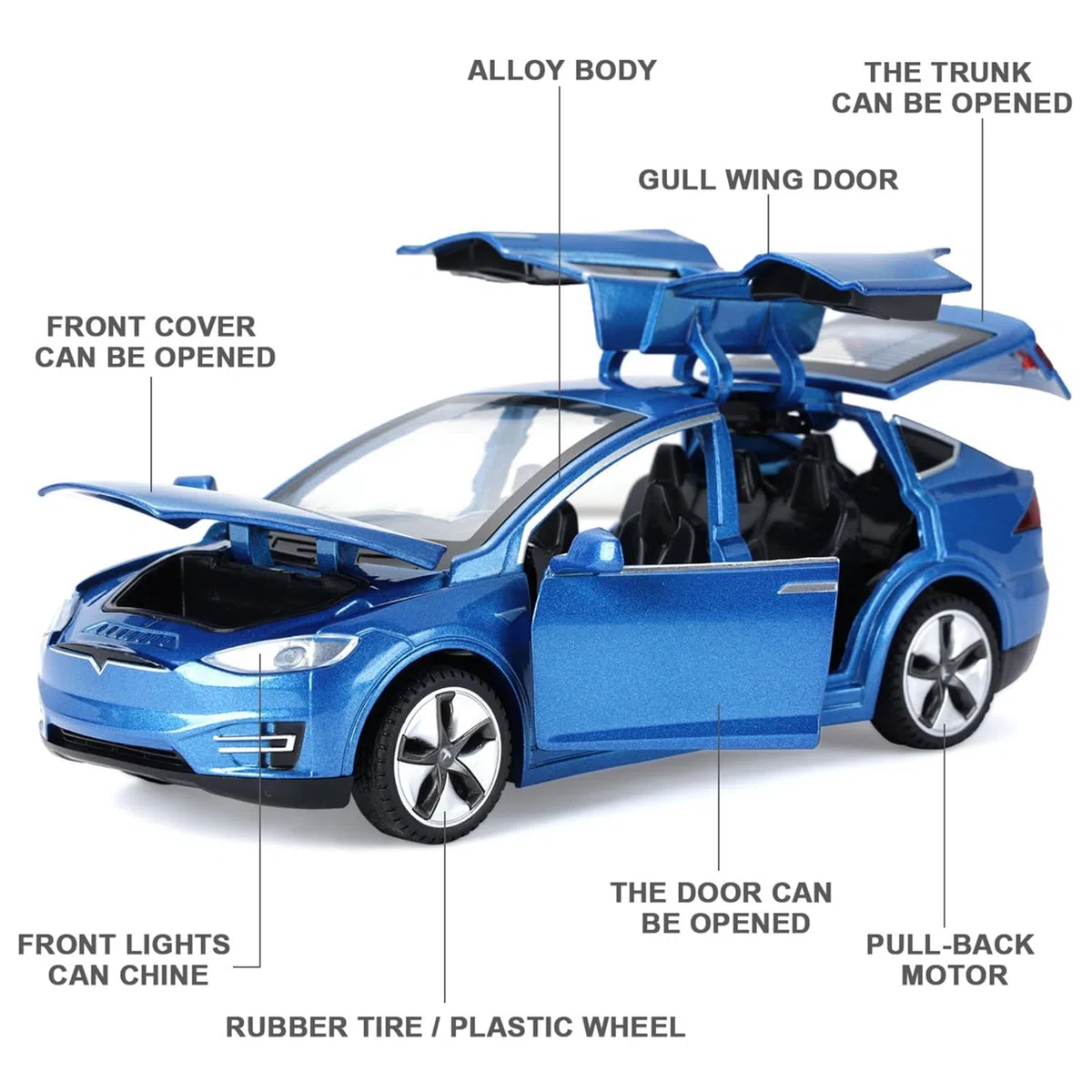 Tesla Model X 1:32 Modellino Macchinina con Luce e Musica, Funzione Pull-Back, Lega Pressofusa, Ideale per Bambini dai 3 anni e Collezionisti (Blu)