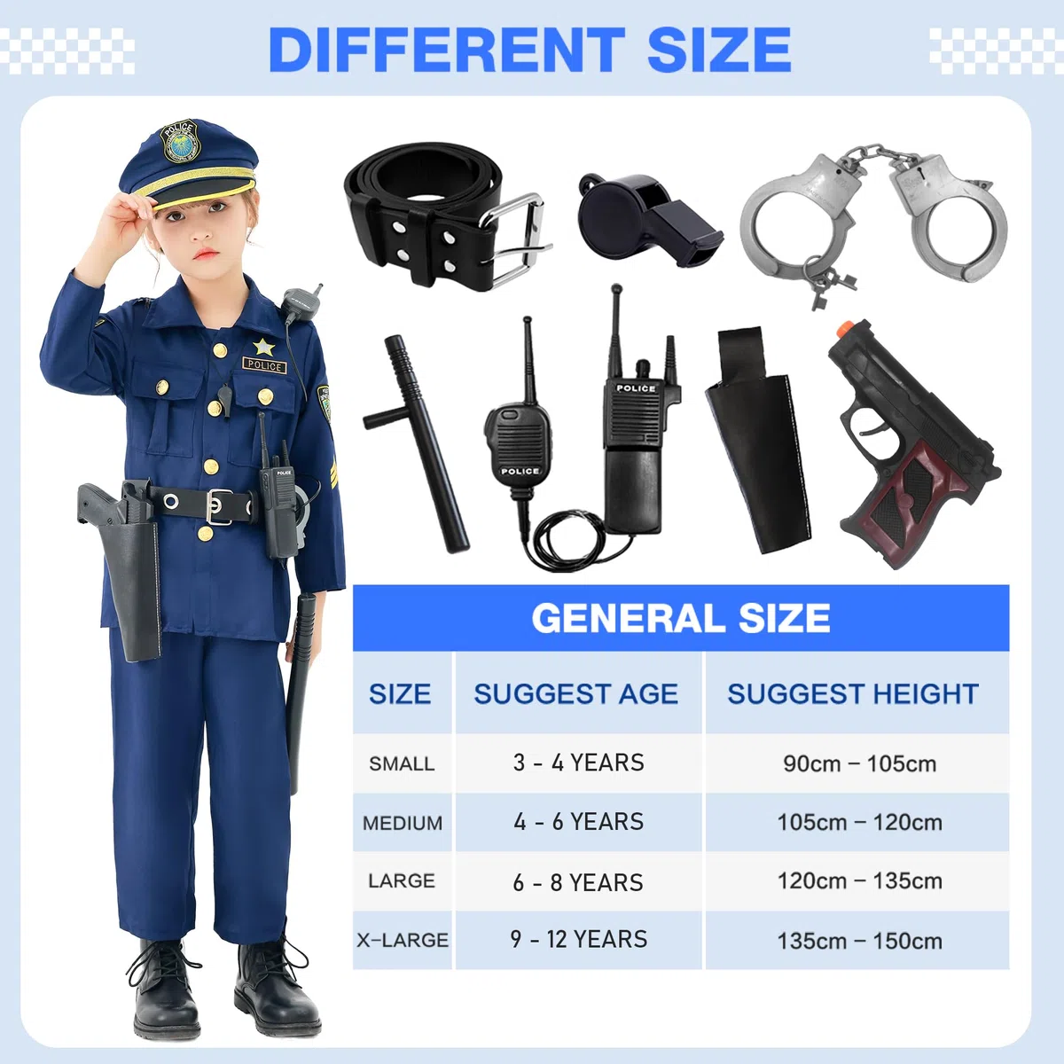 Costume da Polizia Deluxe con Manette, Walkie-talkie Fischietto, Bastone, e altri Accessori della Polizia per Abiti da Poliziotto