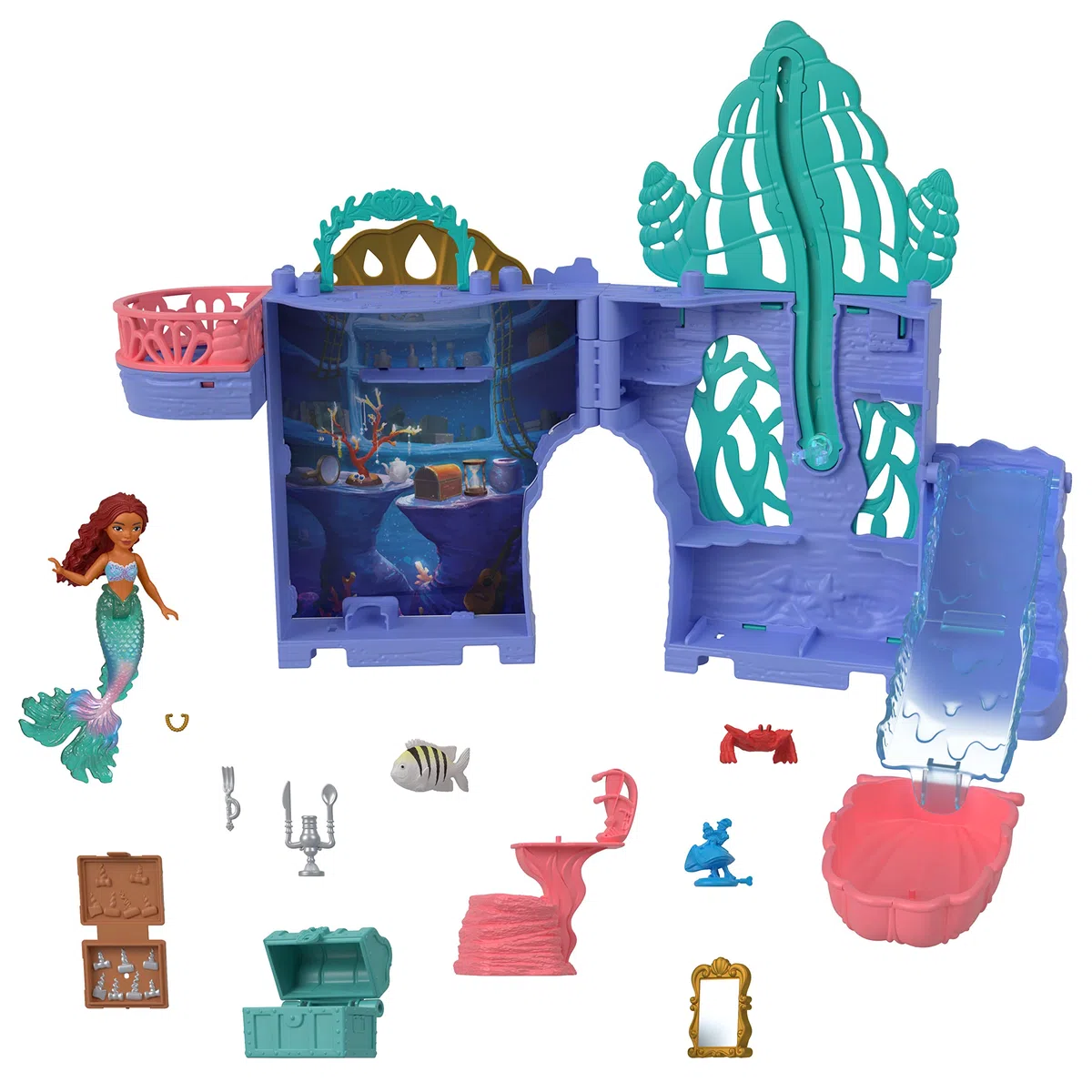 Mattel Disney La Sirenetta - Set C Grotta di Ariel, playset impilabile con mini bambola Ariel, personaggi Flounder e Sebastian e 10+ accessori inclusi, giocattolo per bambini, 3+ anni, HPL54