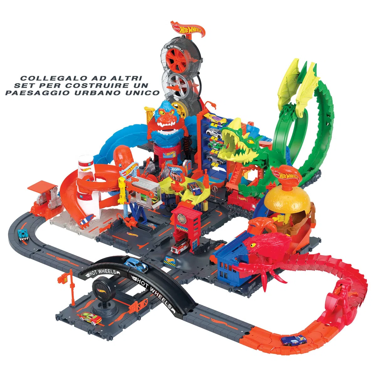 Hot Wheels - Pack di Espansione della City, set da 10 pezzi con base per pista e pezzi per costruire una destinazione urbana, macchinina Hot Wheels inclusa, giocattolo per bambini, 4+ anni, HDN95