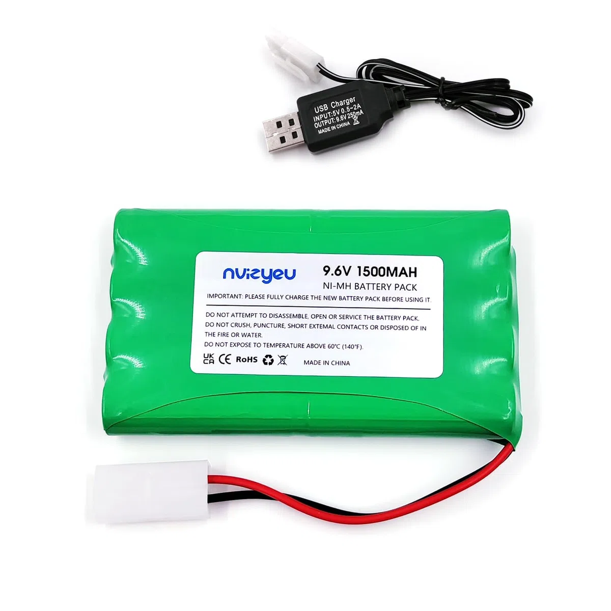 9.6v batteria, 1500mAh nimh batteria, batteria ricaricabile aa, spina KET 2P, adatto per barche giocattolo e serbatoi giocattolo, con cavo di ricarica USB