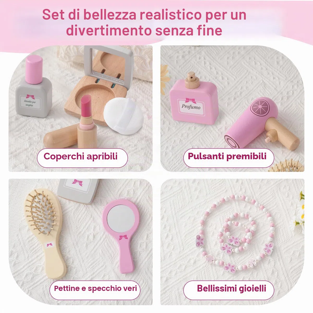 Gioco di Trucco e Parrucchiere in Legno per Bambine, 19 Pezzi, Cosmetici Finiti in Legno con Borsetta, Giocattoli di Ruolo, Accessori Toeletta Ragazze, Regalo di Compleanno per 3 4 5 6 Anni
