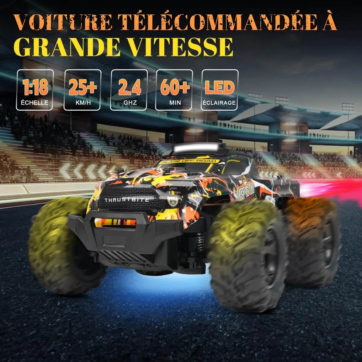 Macchina Telecomandata - 1:18 Alta velocità LED Light 25KMH Auto RC con Spray 2.4GHz AllTerrain Off-Road Truck Giocattoli 2 Batterie ricaricabili 60 Minuti Giocattolo da Corsa Veloce - Giallo