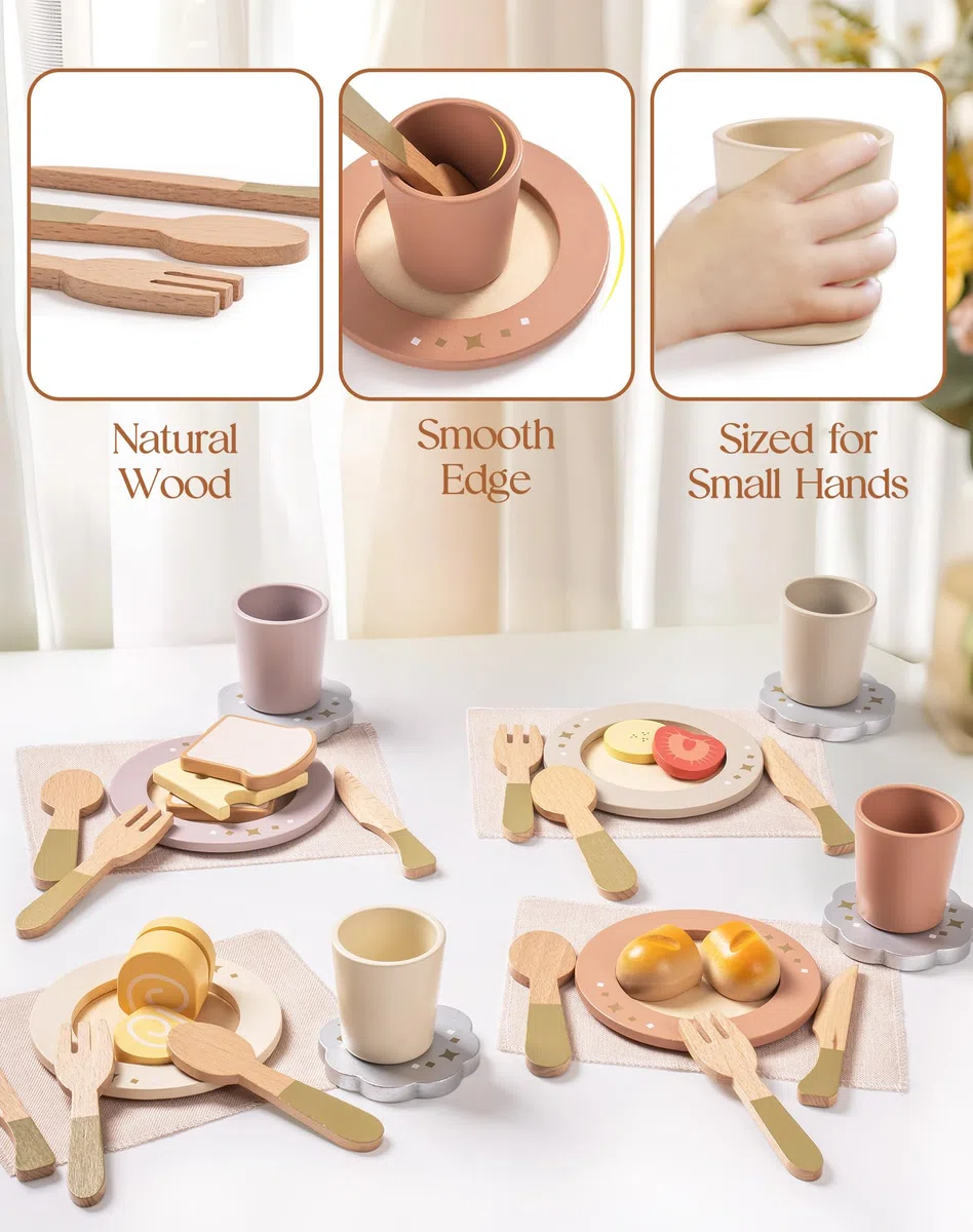 ROBOTIME Set di stoviglie in legno 29 pezzi per bambini, 4 set di piatti colorati, per giochi di ruolo, accessori da cucina Montessori, regalo e per bambine e bambini