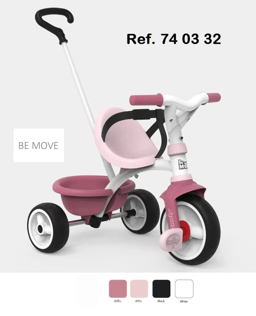 Smoby - Triciclo Be Move Girl, 7600740332, + 15 Mesi, Triciclo Evolutivo,Struttura di Metallo, Ruote Silenziose, Asta di Spinta