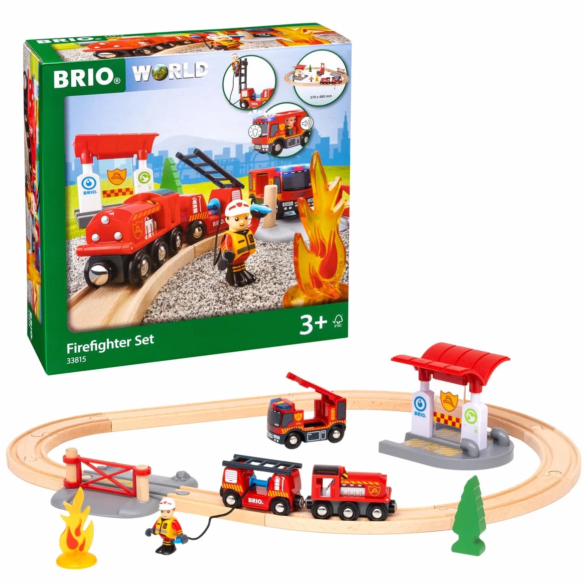 BRIO World - Set Ferrovia dei Vigili del Fuoco, Set Costruzioni Trenino in Legno, Giocattolo per Bambino e Bambina 3+ Anni
