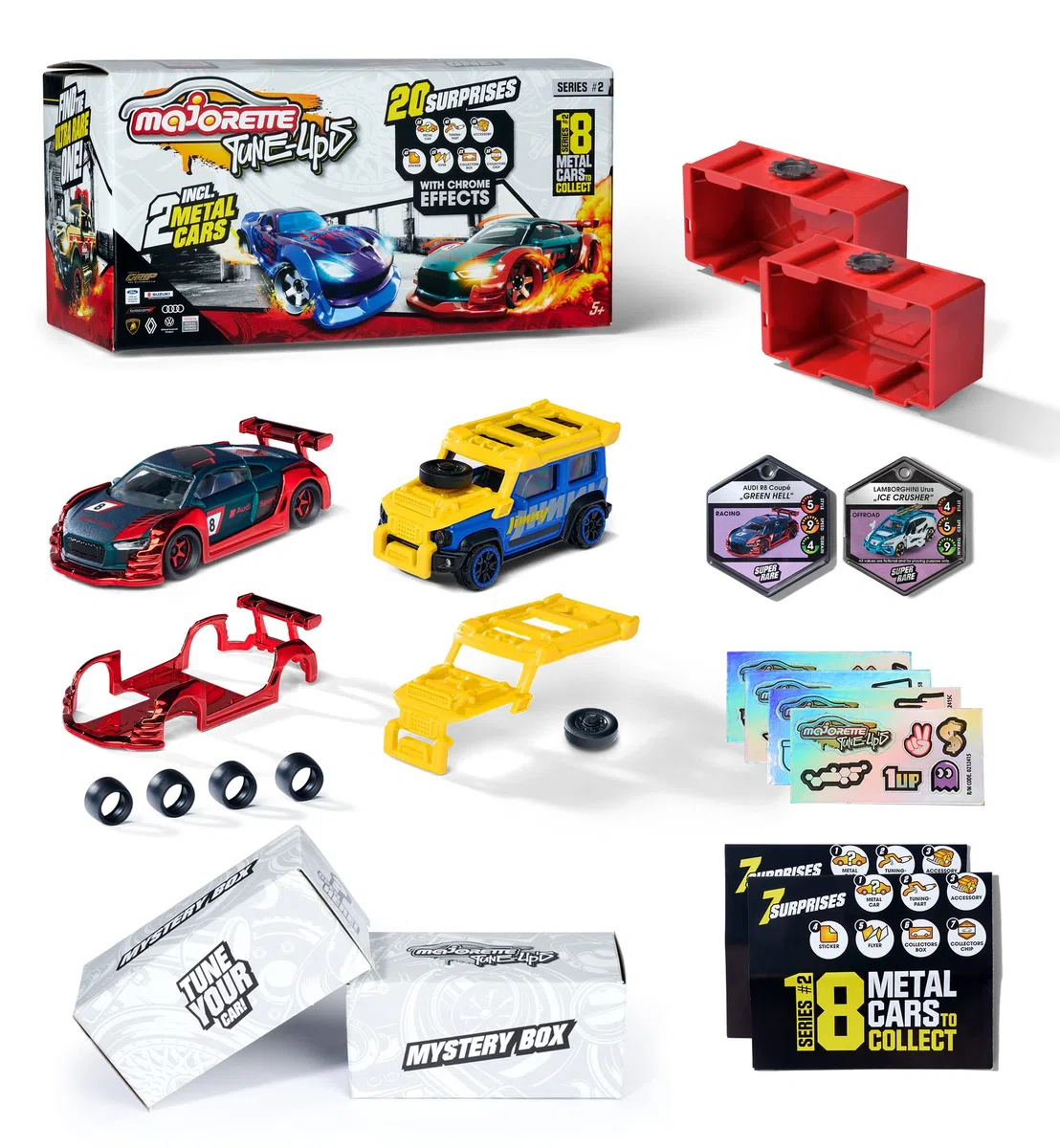 Majorette - Tune Up's Metal Cars giocattolo per accordatura, confezione da 20 sorprese con 2 auto, 8 accessori, 4 fogli di adesivi, 2 gettoni, 2 volantini, 2 scatole da collezione, 212051008