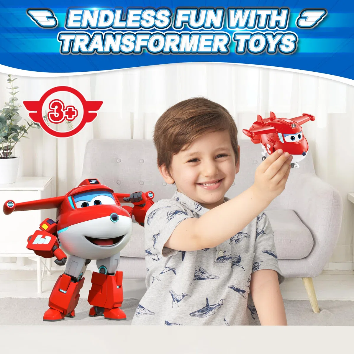 Super Wings Transformable aeroplano Supercharged Jett, altezza circa 12,7 cm, Figura d'azione 2 in 1, aeroplano giocattolo e figura robotica per bambini e bambine a partire da 3 anni