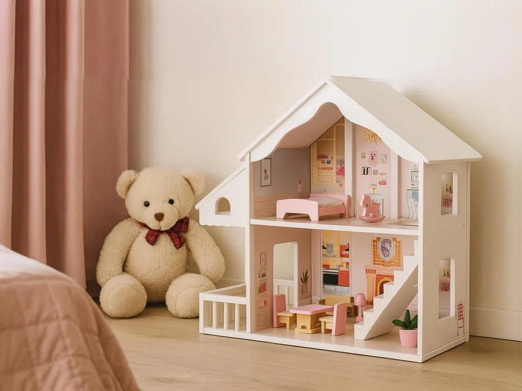Teorema FATTO DI LEGNO – Casa delle Bambole in Legno con Solario e Accessori, Villetta Grande 58,5x24x56 cm per Bambina 3+ Anni, Dollhouse Completa